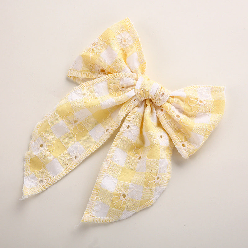 Children's Headwear Girl Plaid Cotton Embroidery Bow Hairpin Big Swallowtail Hairpin - Korvel