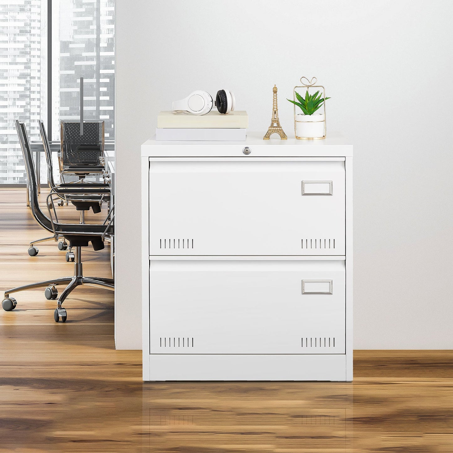 Horizontal file cabinet, 2 drawers, white file cabinet with lock, metal file cabinet with lock, 3 drawers, legal office cabinet - Korvel