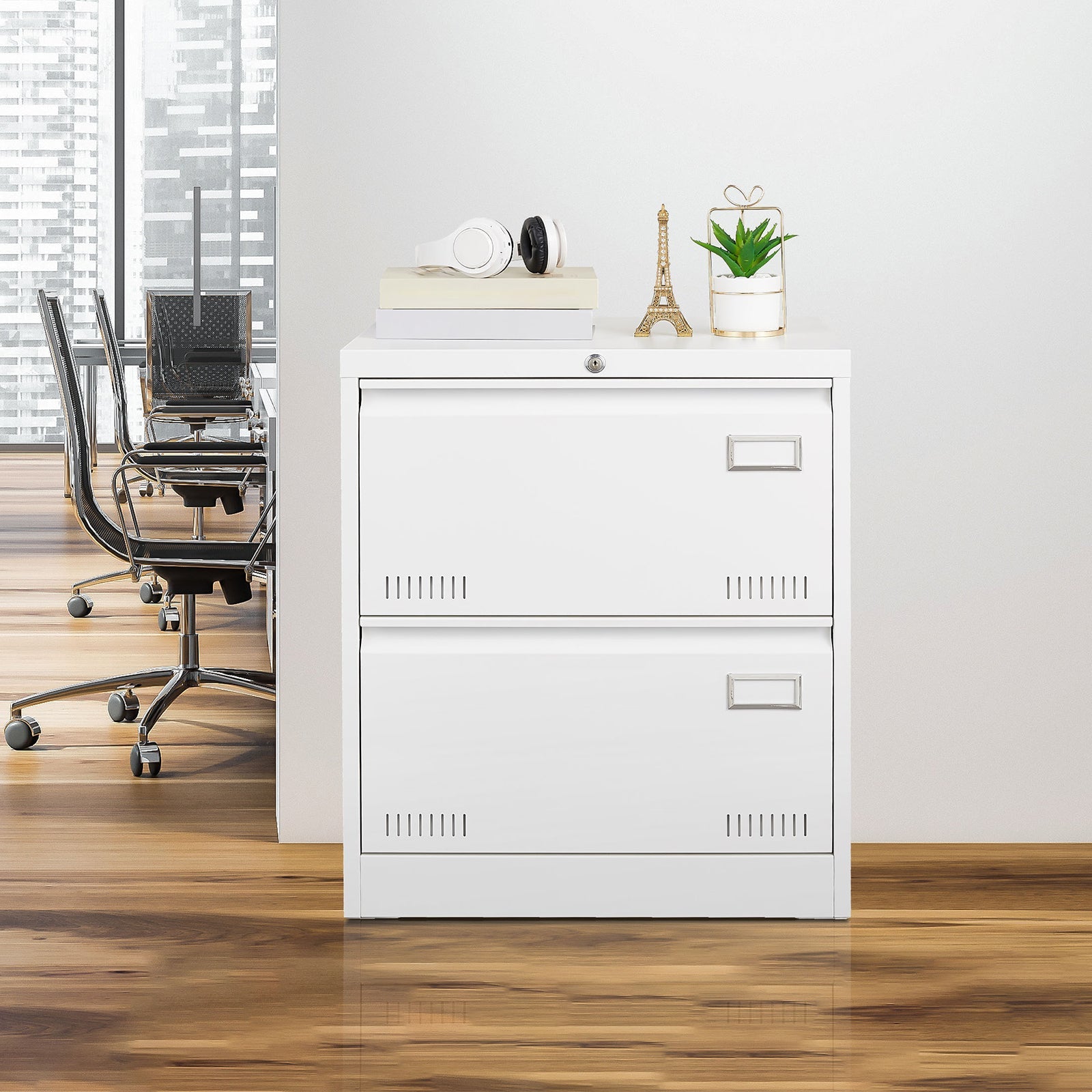 Horizontal file cabinet, 2 drawers, white file cabinet with lock, metal file cabinet with lock, 3 drawers, legal office cabinet - Korvel