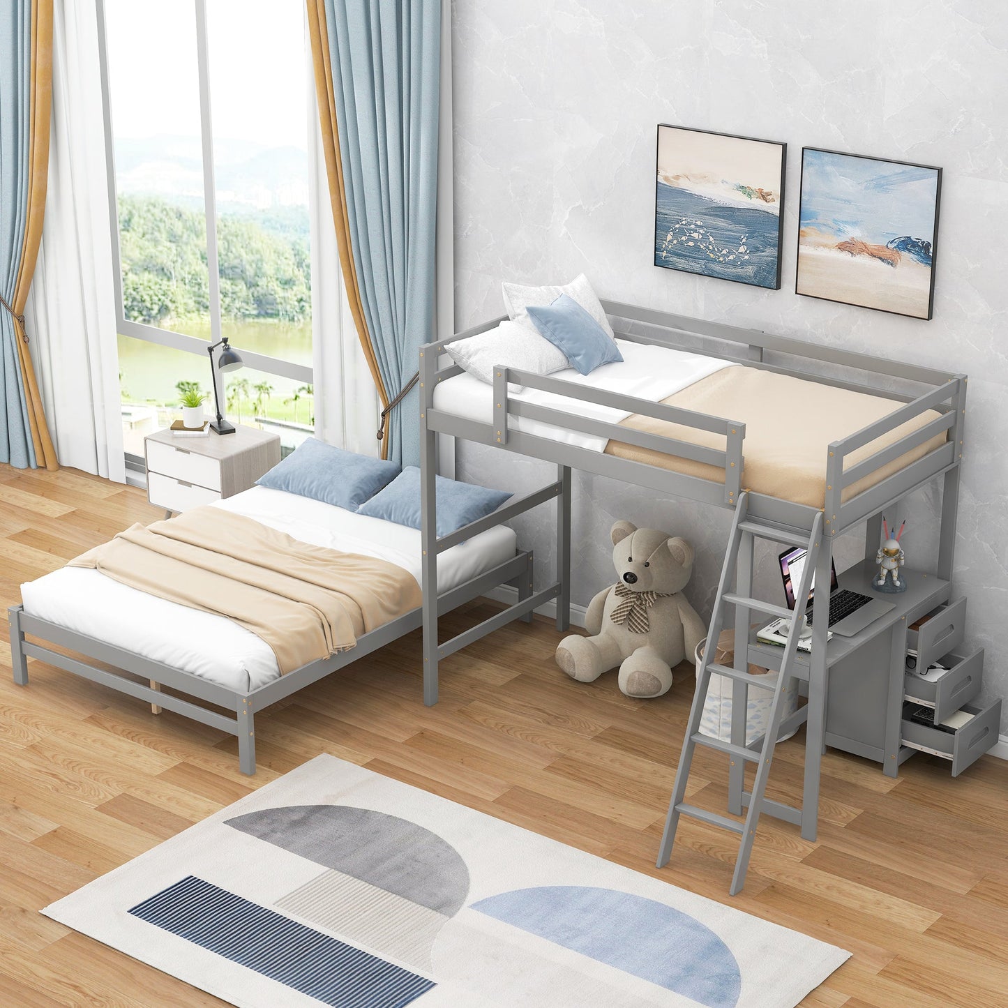 Twin over Full Bunk Bed with Built-in Desk and Three Drawers Grey - Korvel
