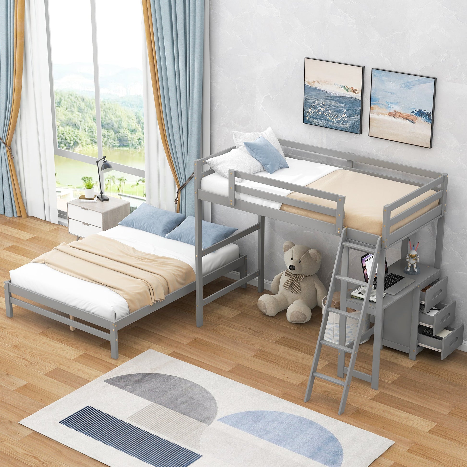 Twin over Full Bunk Bed with Built-in Desk and Three Drawers Grey - Korvel