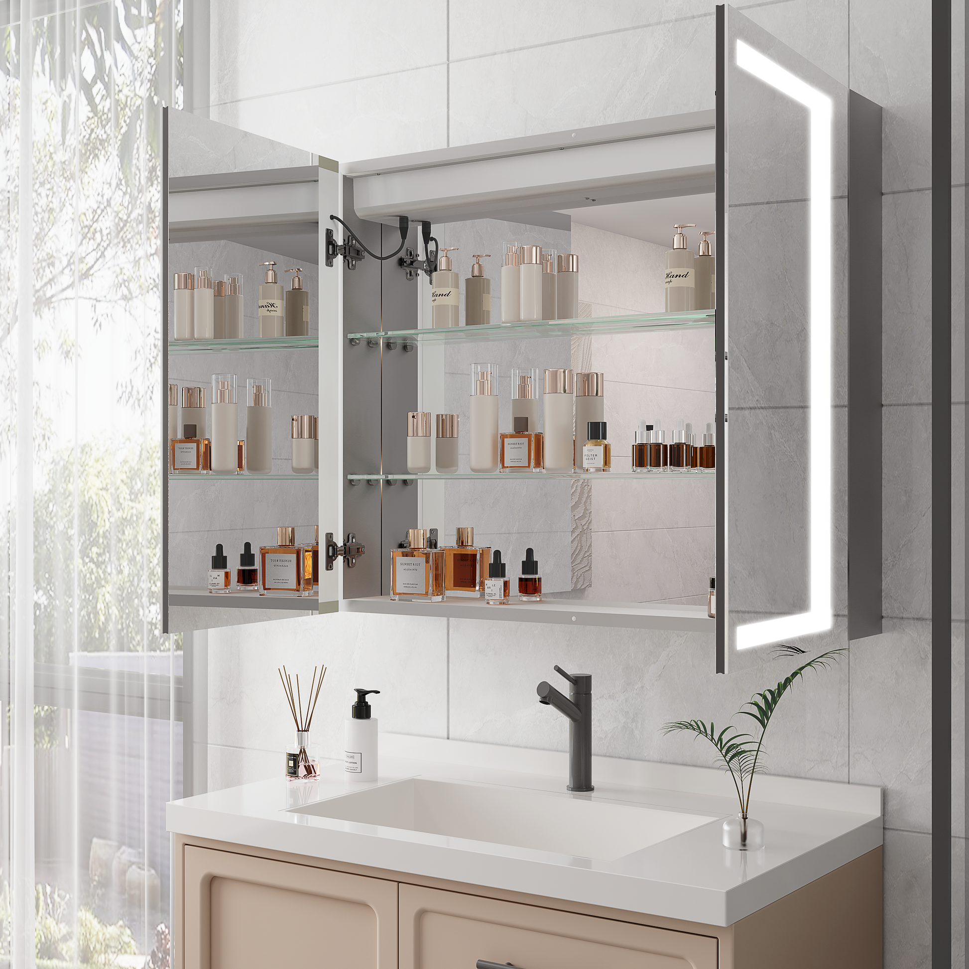 36 x 30 inch Medicine Cabinet with LED Vanity Mirror Anti-Fog  Recessed or Surface Mount Waterproof DimmableAluminum 3000K~6000K Lighted Double Door Bathroom Cabinet with Touch Switch - Korvel