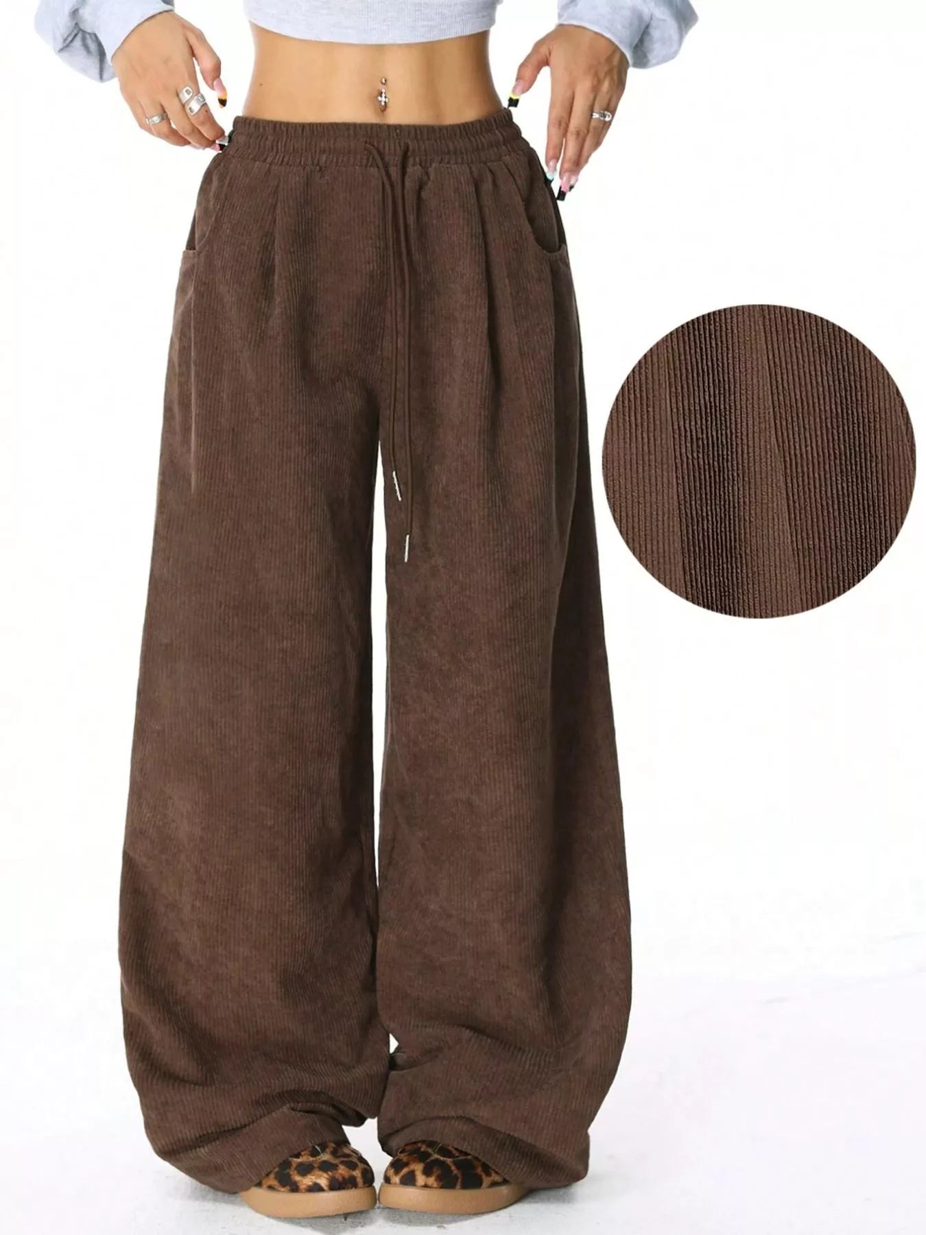 Pantalons en velours côtelé à taille élastique et jambes larges