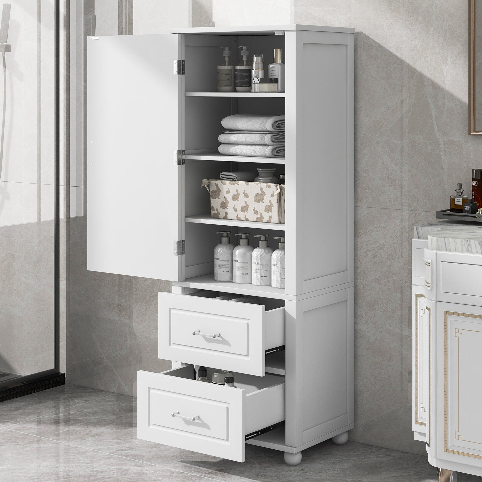 Tall bathroom storage cabinet with two drawers and adjustable shelves for independent storage - Korvel