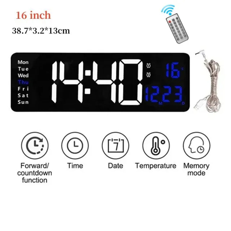 Large LED Wall Clock with Remote Control and Dual Alarms