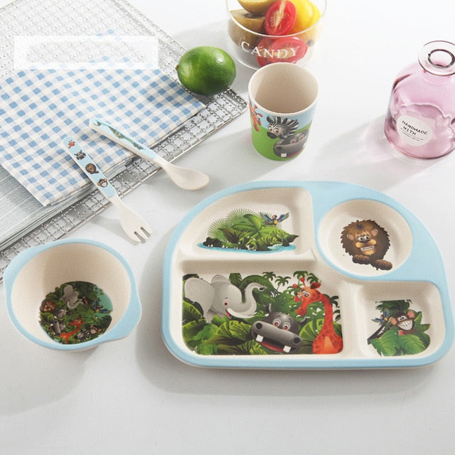 5pcs/set Baby Dinnerware Bamboo Fiber Children Tableware Set Plate Dishes Bowl With Spoon Cartoon Feeding Set Food Container - Korvel