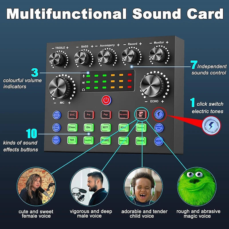 Mixeur audio premium V8S avec changeur de voix pour le streaming