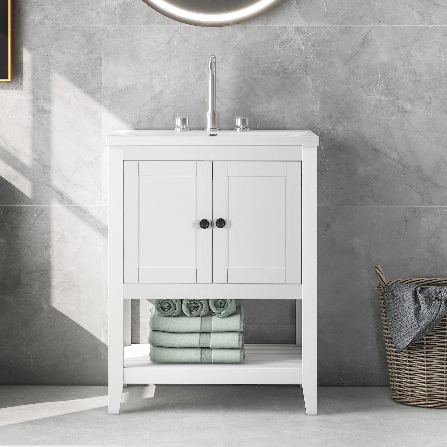 24" White Modern Sleek Bathroom Vanity Elegant Ceramic Sink with Solid Wood Frame Open Style Shelf - Korvel