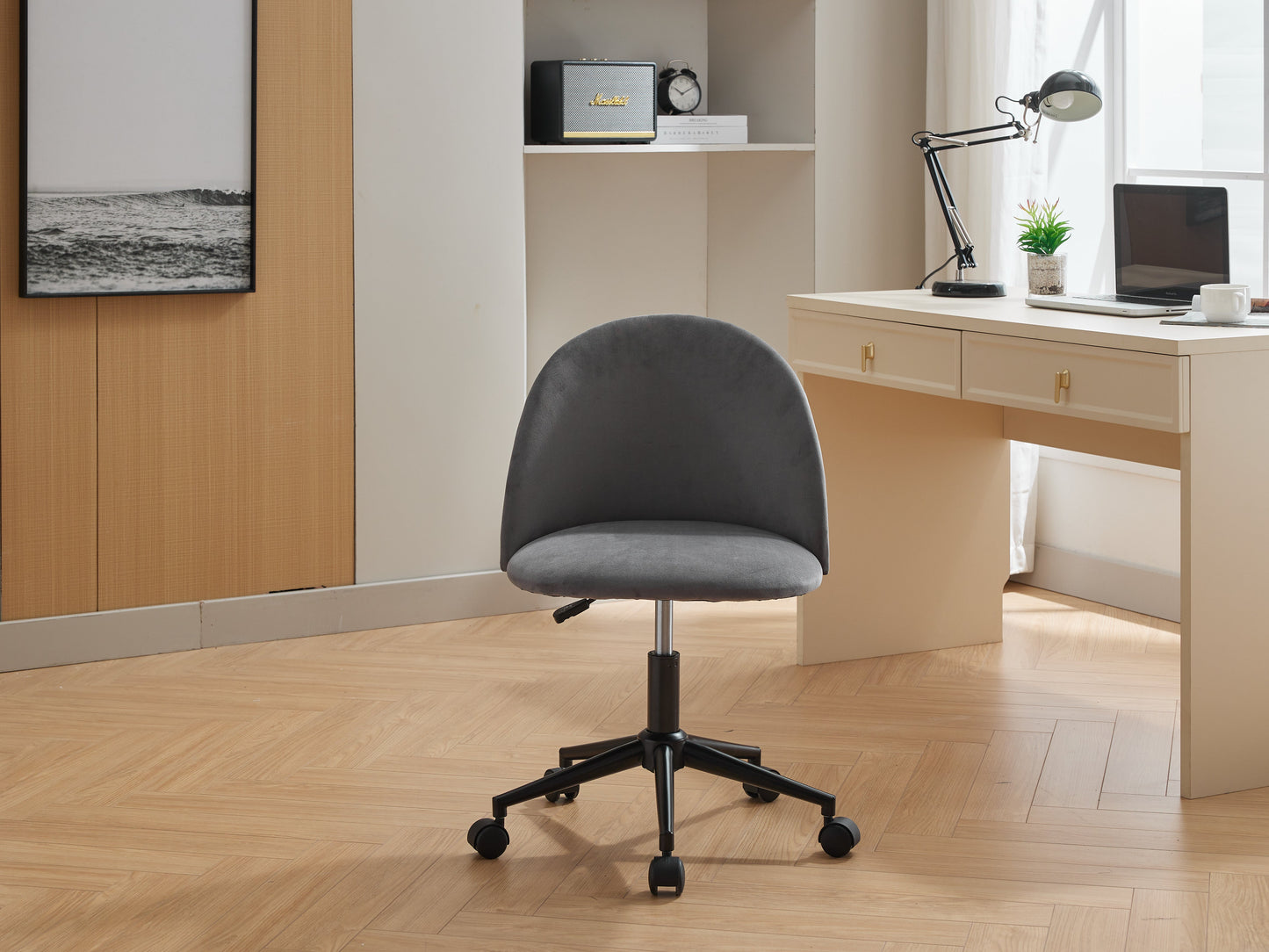 Velvet fabric office chair, mid back adjustable rotating computer chair, black legs, cushioned office chair with wheels - Korvel