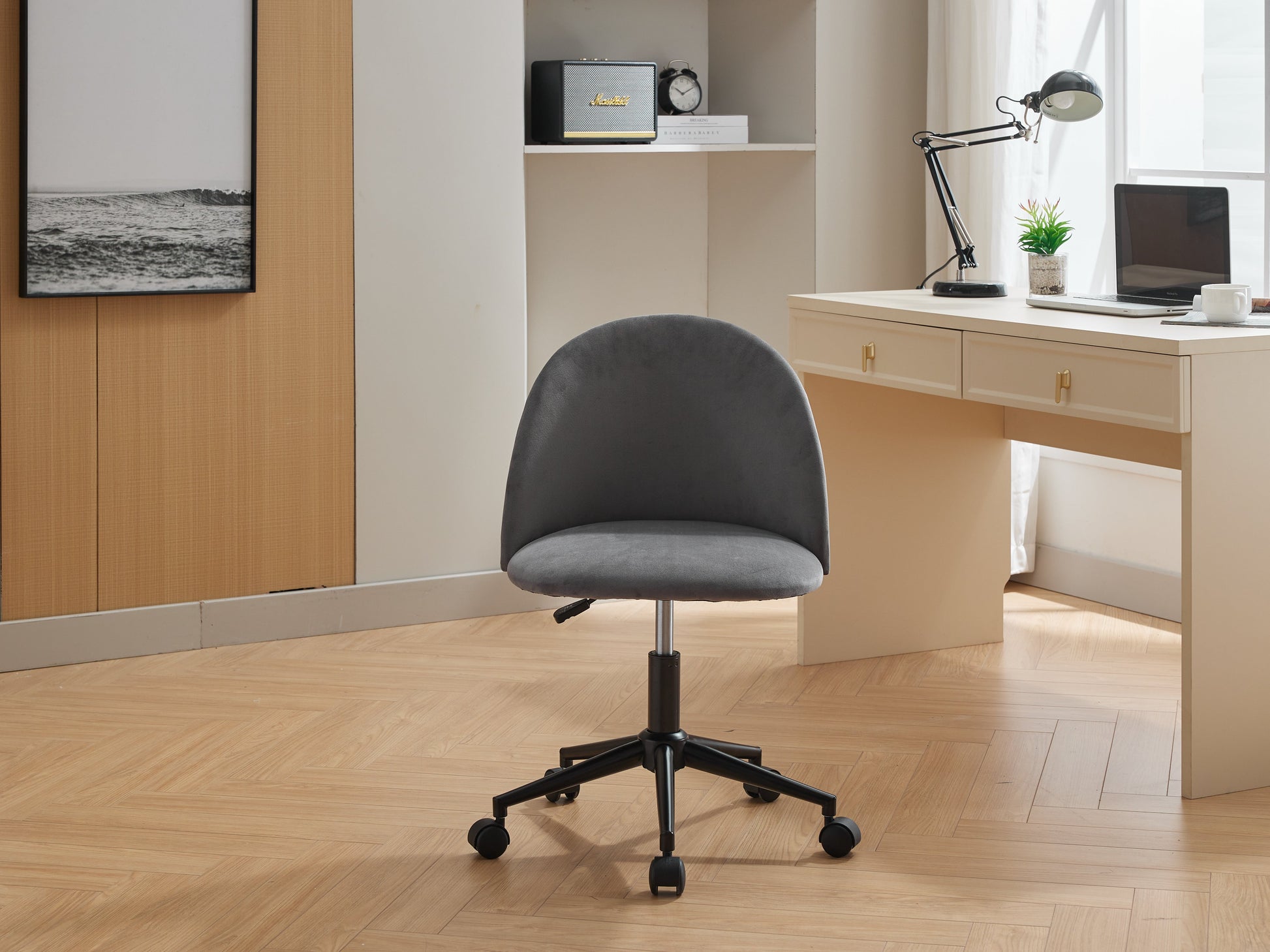 Velvet fabric office chair, mid back adjustable rotating computer chair, black legs, cushioned office chair with wheels - Korvel