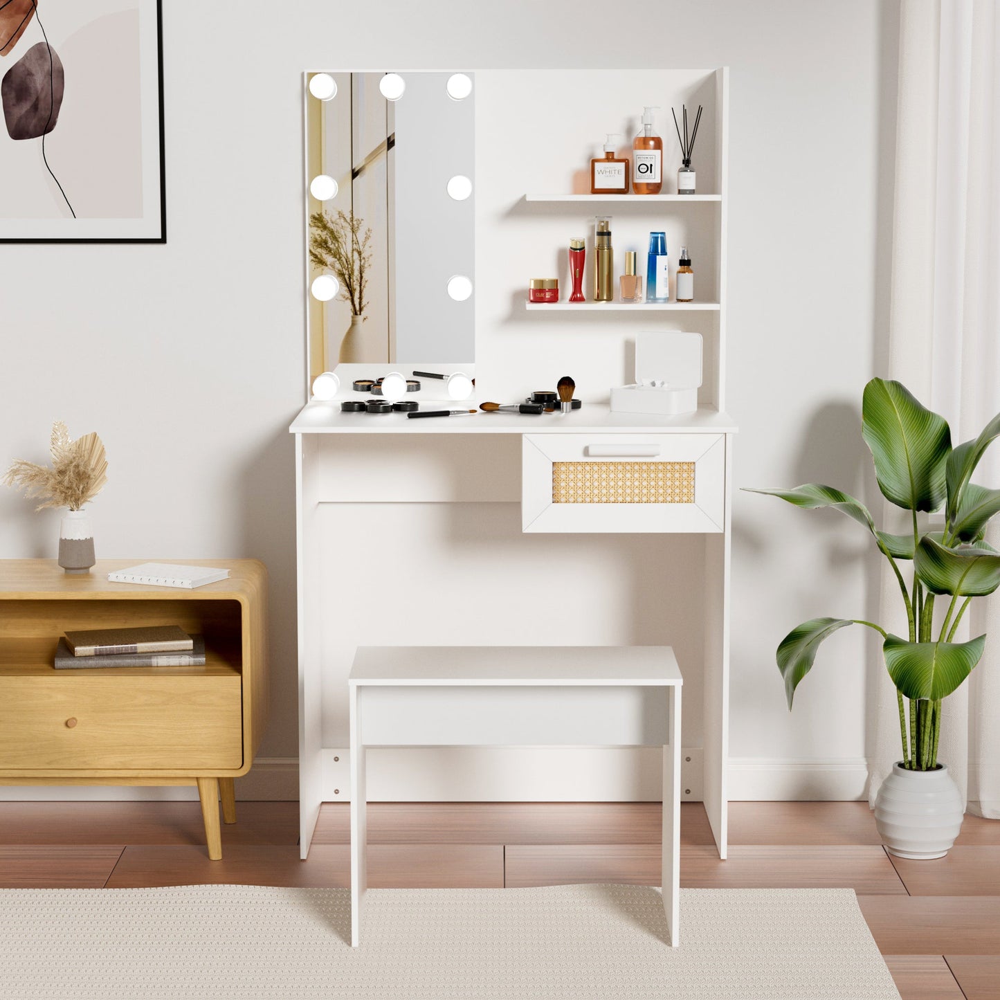 Vanity Desk Set Stool & Dressing Table with LED Lighting Mirror Drawer and Wood Cosmetic Table Chest of Drawers White Color - Korvel