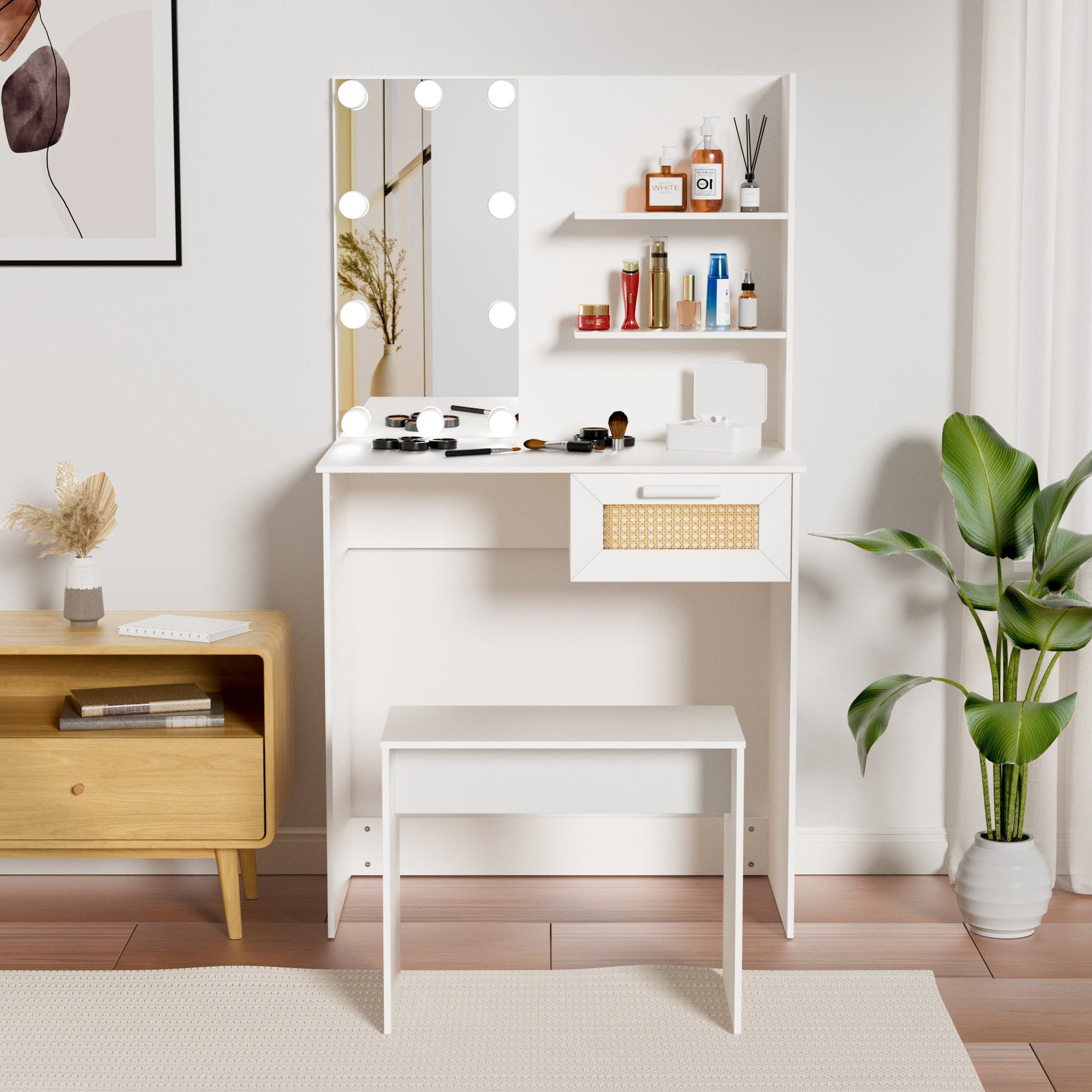 Vanity Desk Set Stool & Dressing Table with LED Lighting Mirror Drawer and Wood Cosmetic Table Chest of Drawers White Color - Korvel