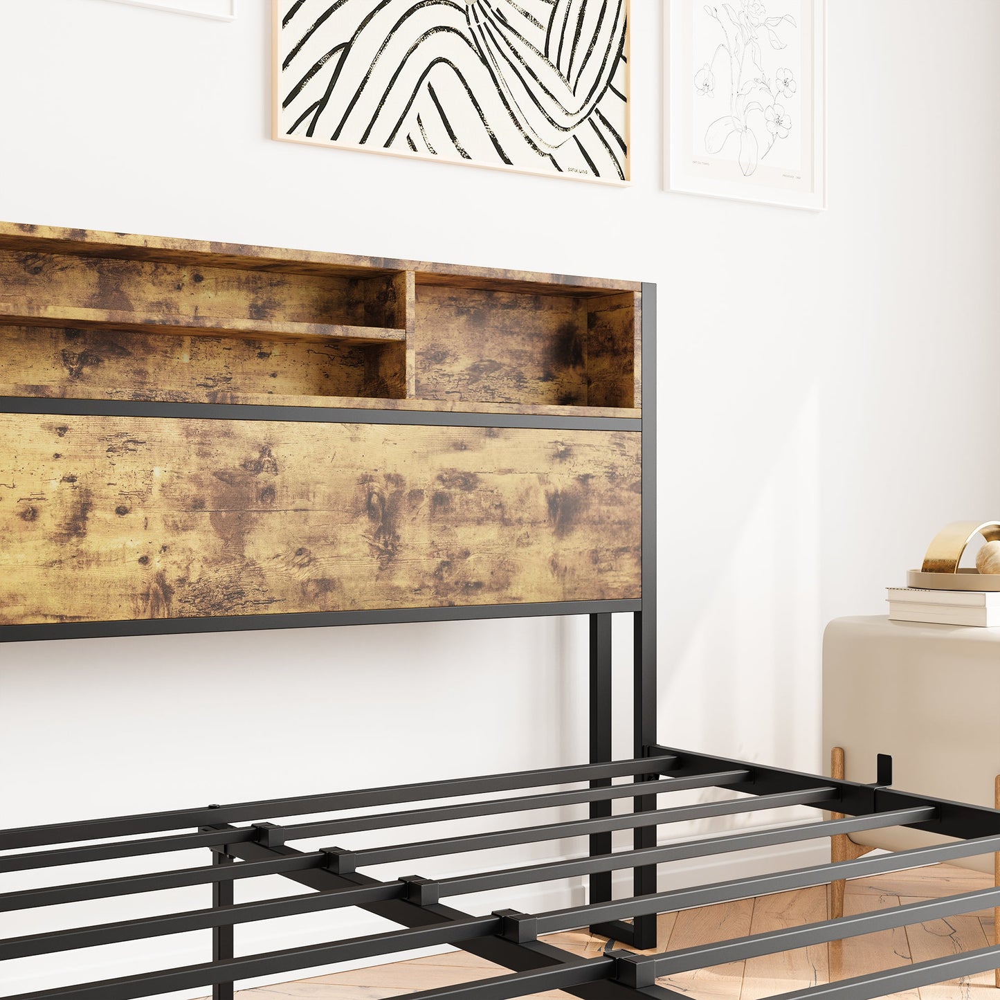 Queen Bed Frame with Storage Headboard and Charging Station - Black