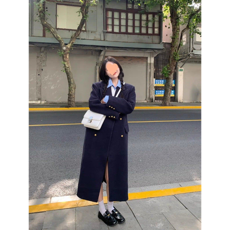 Navy Blue Women's Structured Wool Coat with Elegant Design