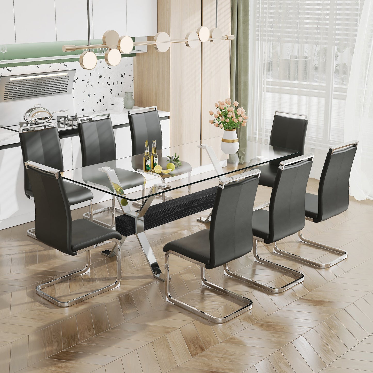 Dining table Modern tempered glass dining table Large modern office desk with silver plated metal legs and MDF crossbars - Korvel