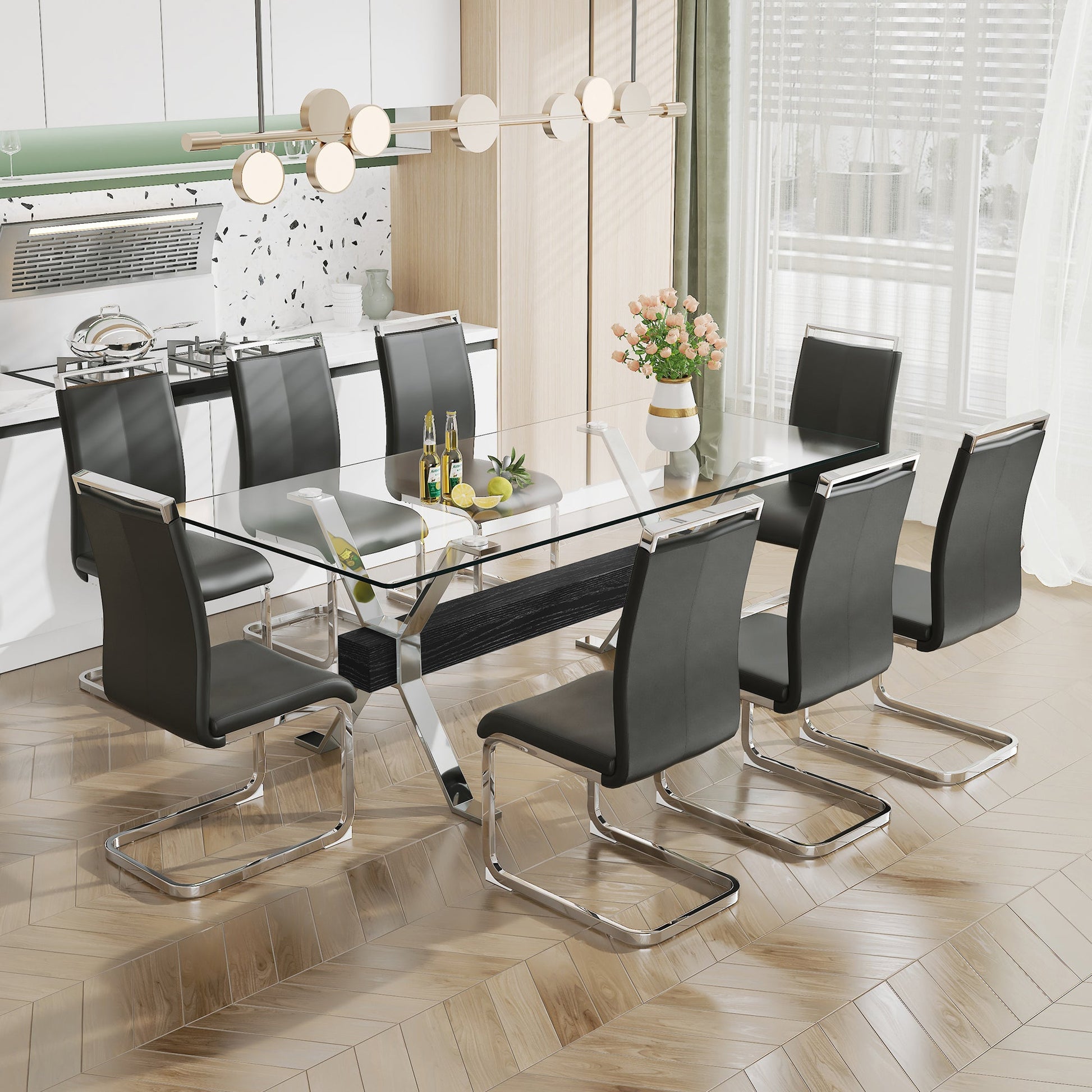 Dining table Modern tempered glass dining table Large modern office desk with silver plated metal legs and MDF crossbars - Korvel