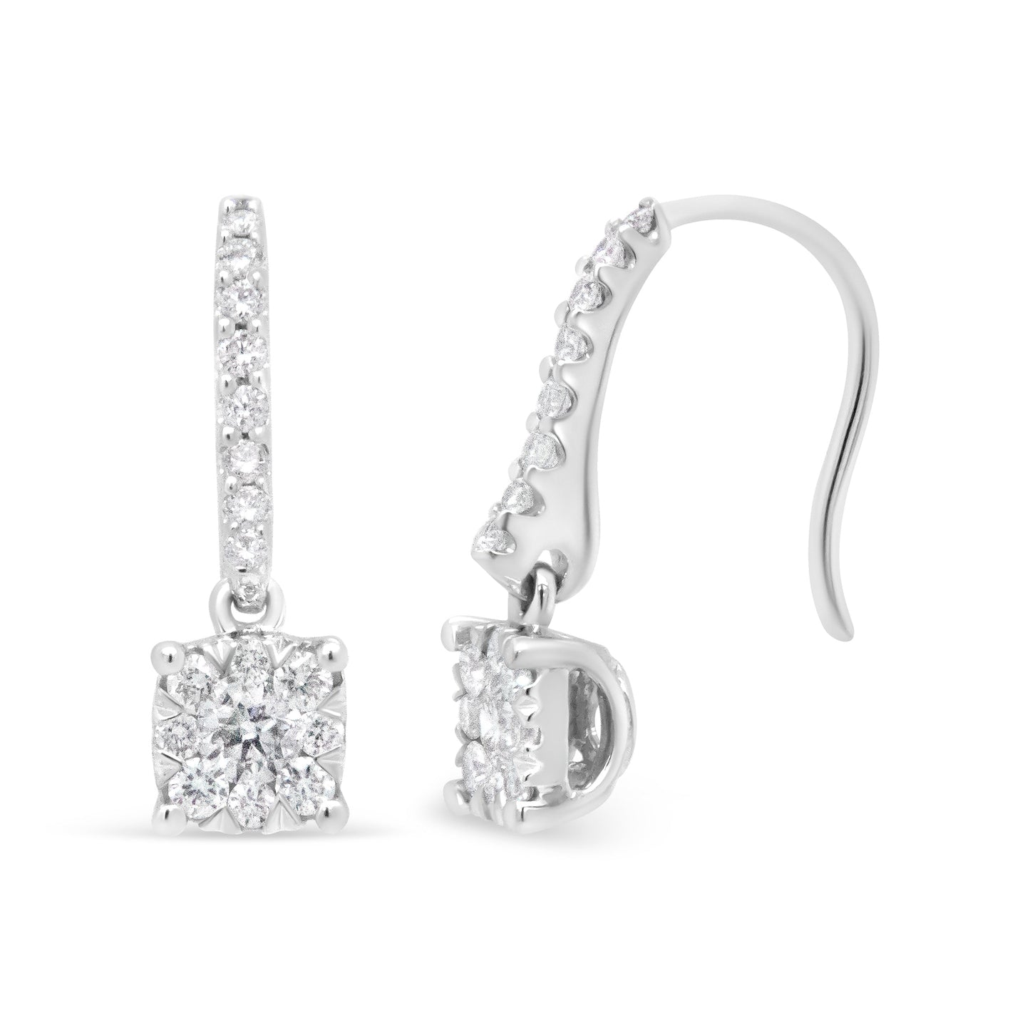 Pendientes colgantes de halo de diamantes redondos en oro blanco de 14 quilates