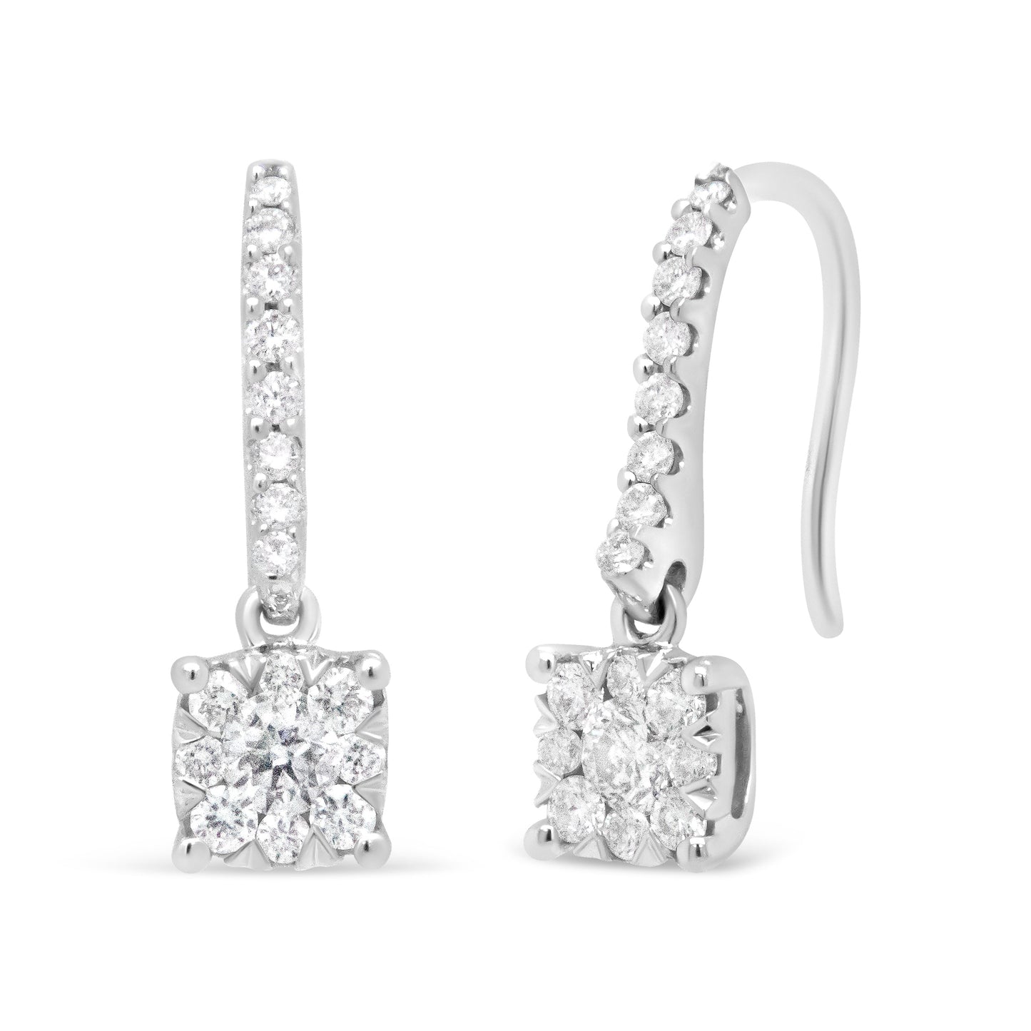 Pendientes colgantes de halo de diamantes redondos en oro blanco de 14 quilates