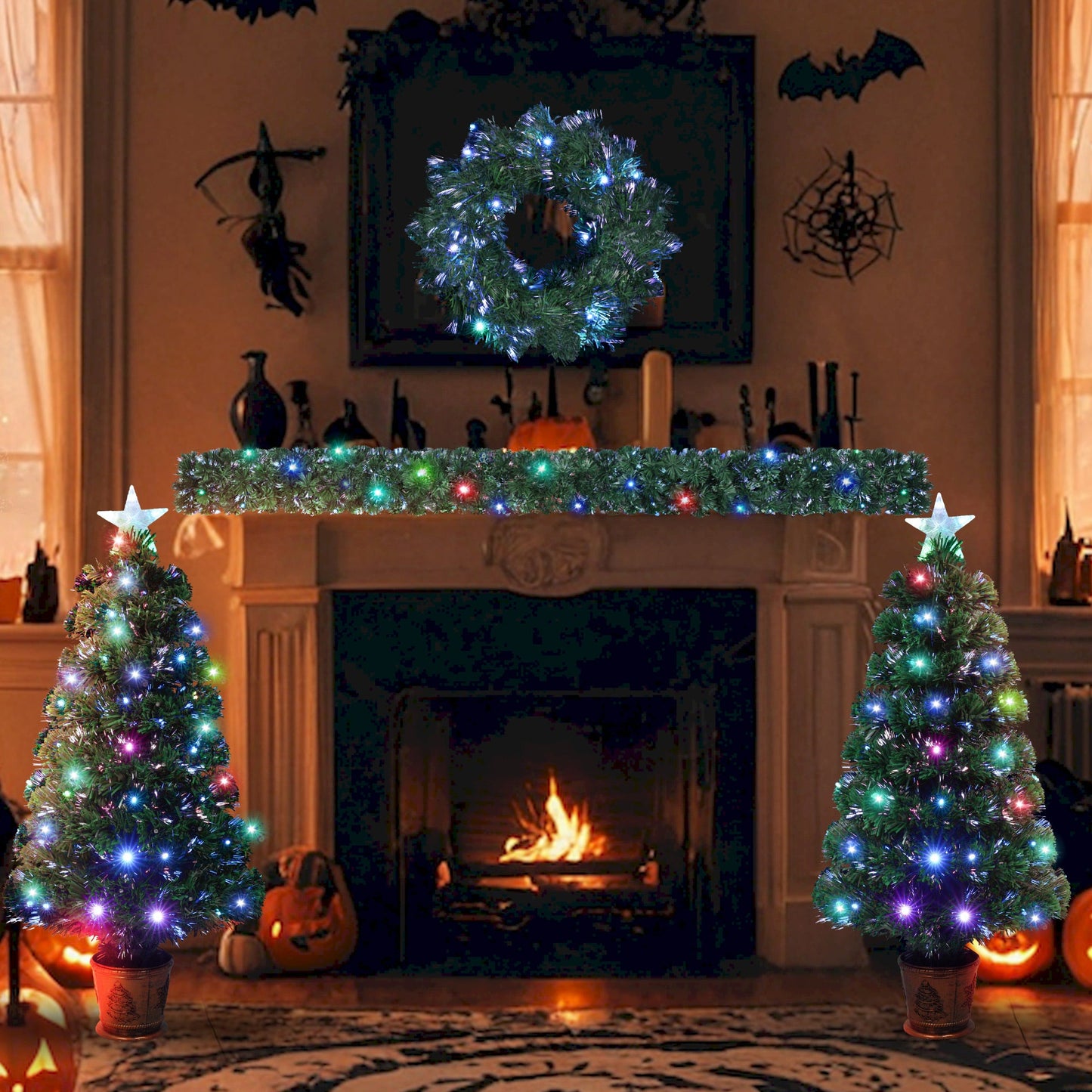 4-piece Christmas artificial tree set, Christmas wreath, wreath and 2 colored light entrance trees, PVC holiday celebration set - Korvel