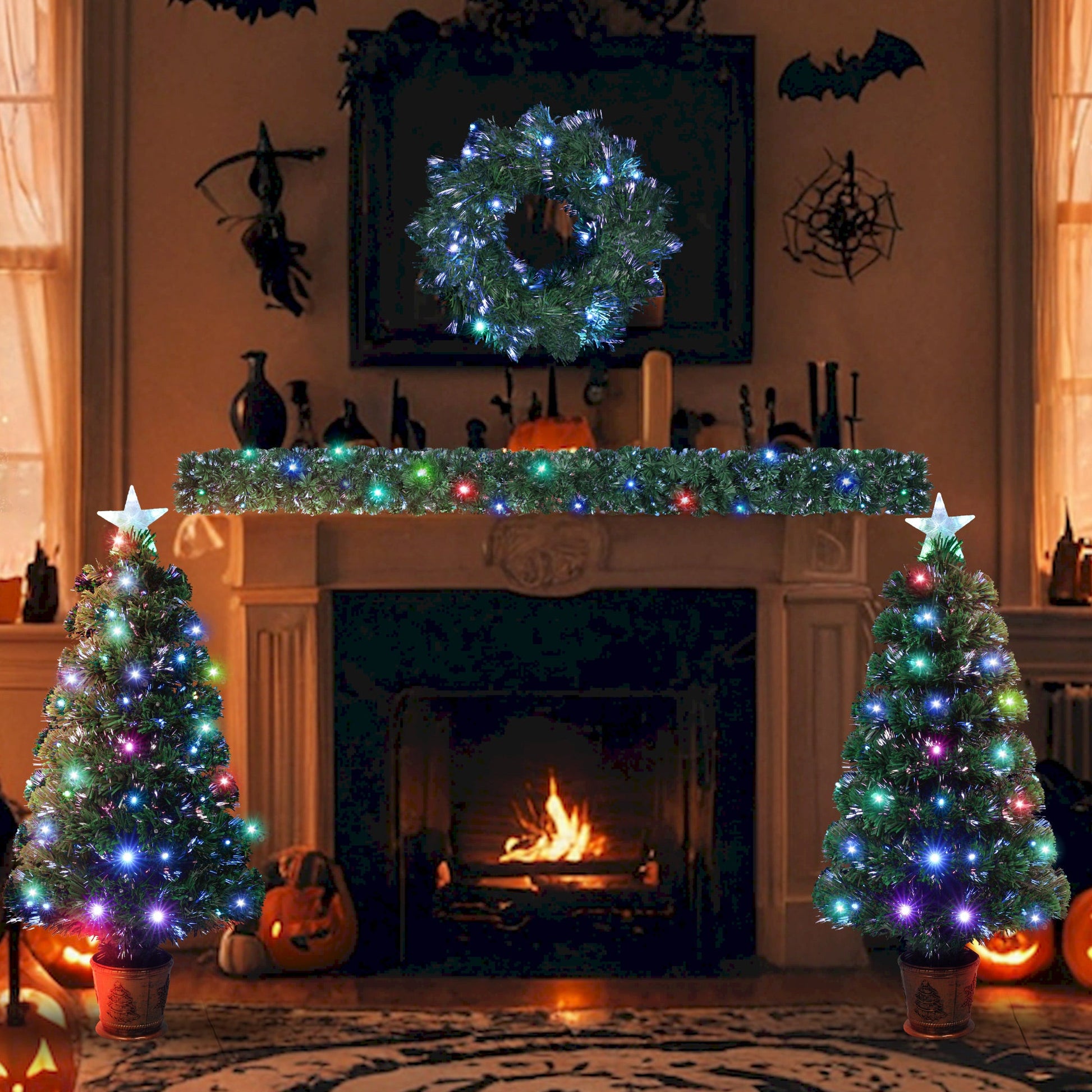 4-piece Christmas artificial tree set, Christmas wreath, wreath and 2 colored light entrance trees, PVC holiday celebration set - Korvel