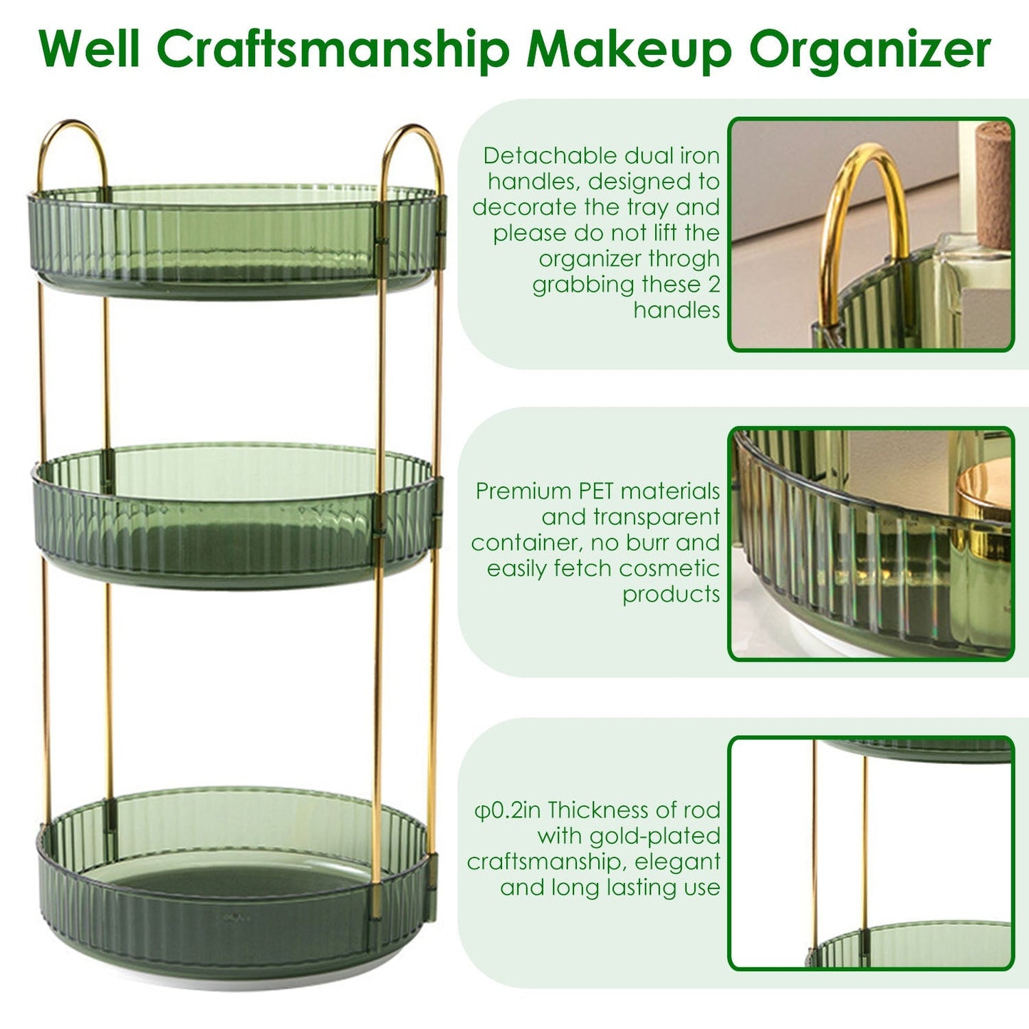 3 Tier Rotating Makeup Organizer - 360° Spinning Storage Tray