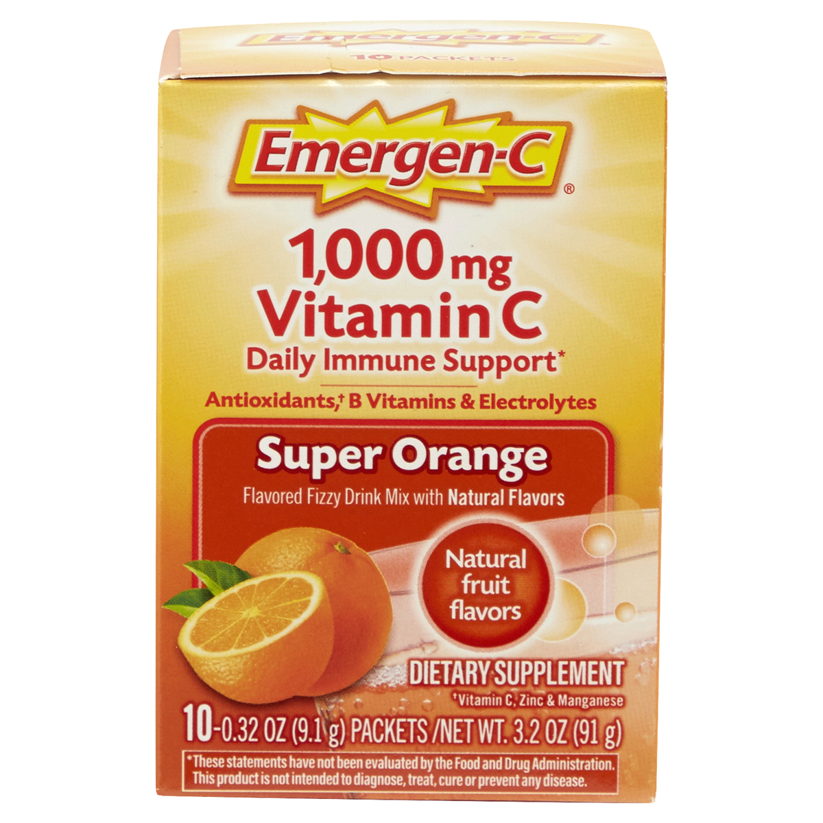 Emergen-C Vitamina C 1000mg en Polvo, Naranja Super, 10 Paquetes