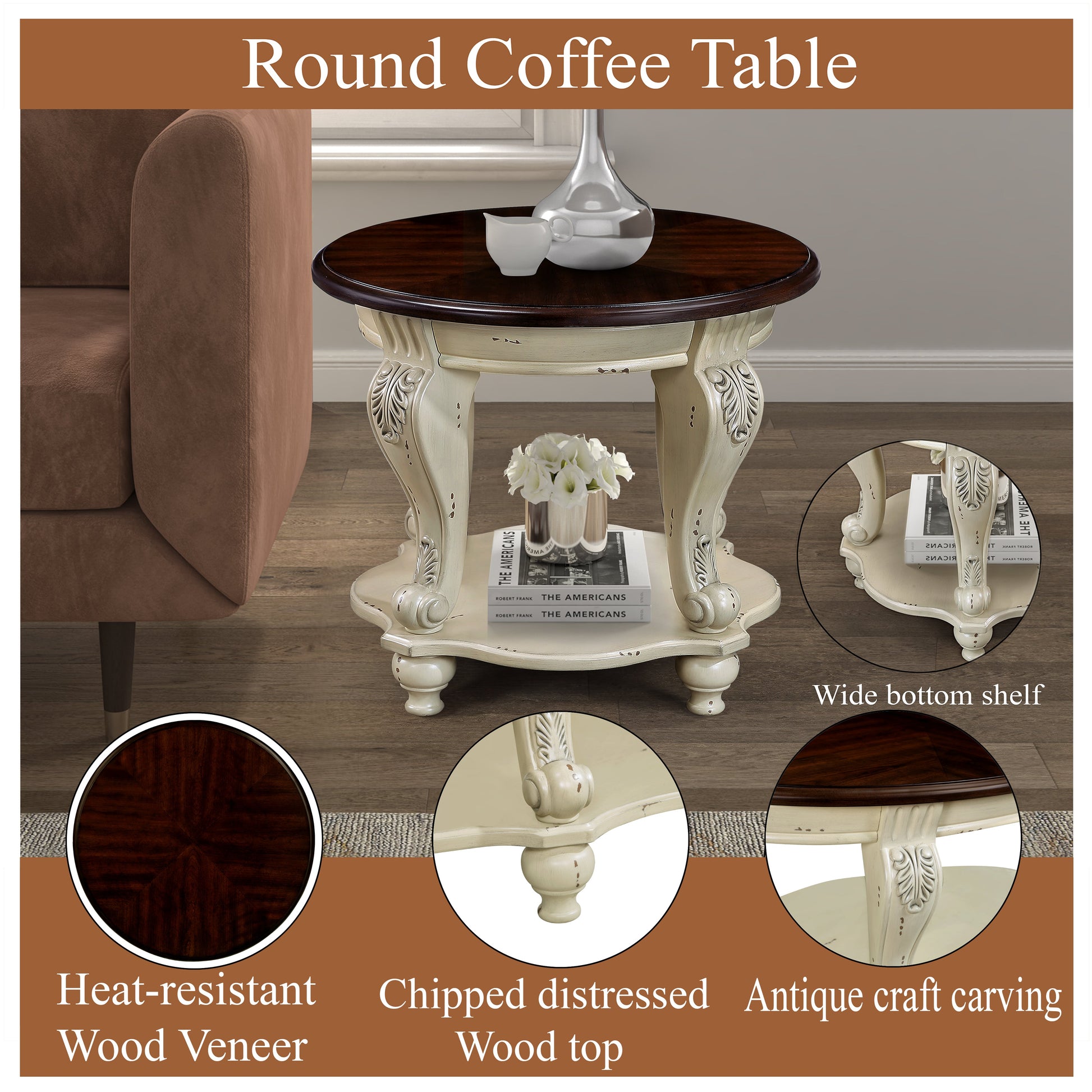 22 inch dual tone round head table, solid wood sofa side table with shelf, white and cherry tabletop - Korvel