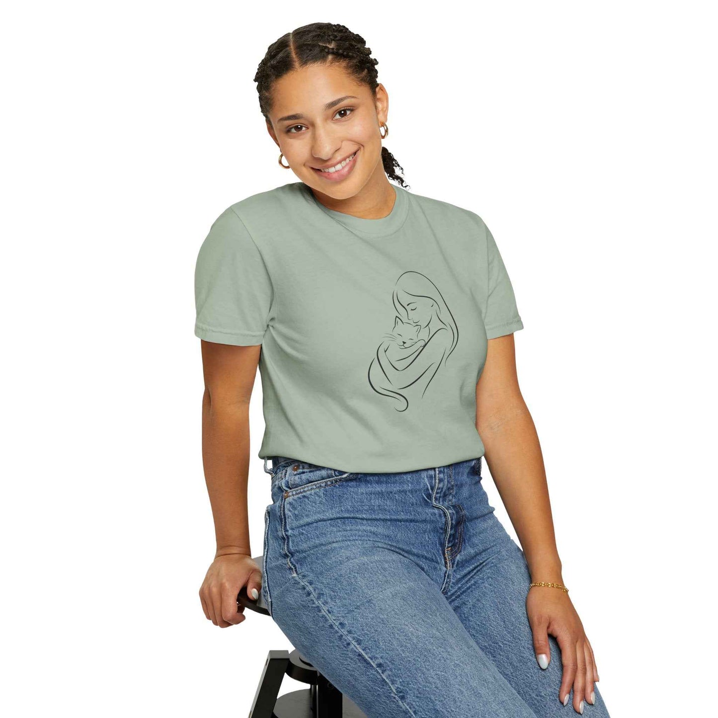 Camiseta Madre y Gato Abrazo | Camiseta Minimalista de Arte Lineal para Mamás de Gatos