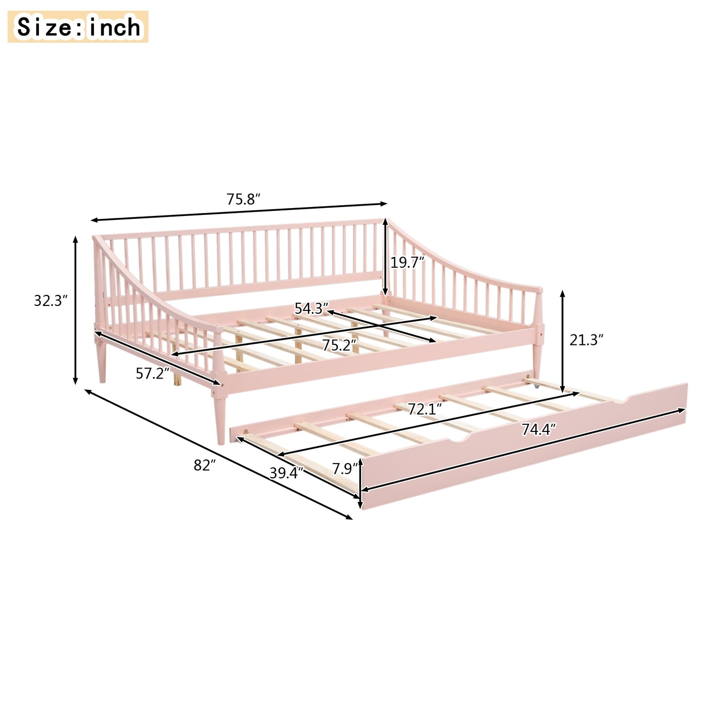Full Size Pink Daybed with Trundle and Support Legs