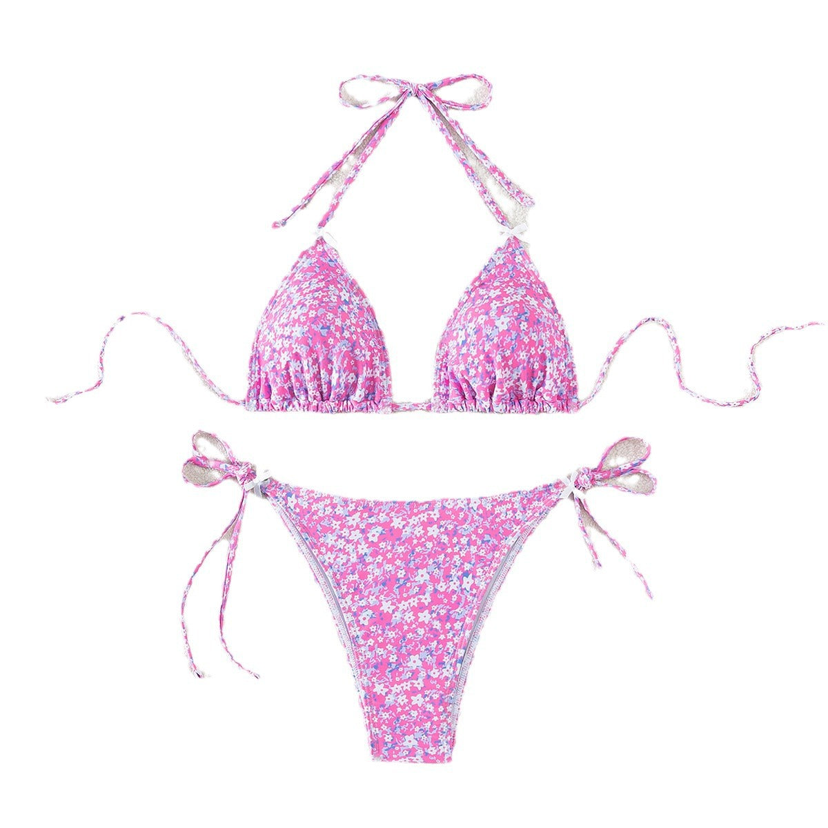 Floral triangle cup lace up sexy bikini split swimsuit for women - Korvel
