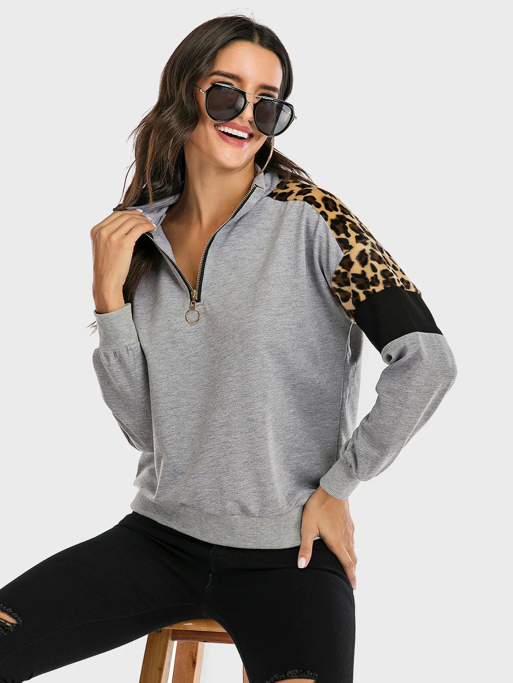 Sudadera de Manga Larga con Media Cremallera y Leopardo en Contraste