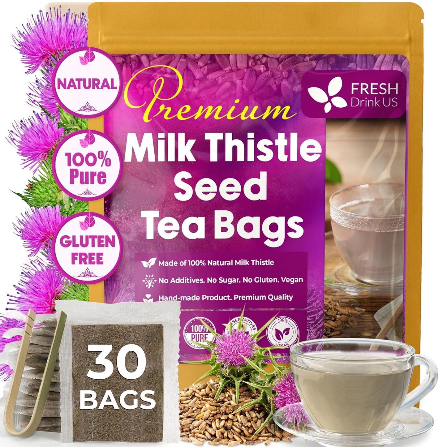 Bolsitas de té de cardo mariano premium, 100 % naturales y puras de semillas de cardo mariano. Té de semillas de cardo mariano. Elaborado con bolsitas de té naturales. Sin azúcar, sin cafeína, sin gluten, vegano.