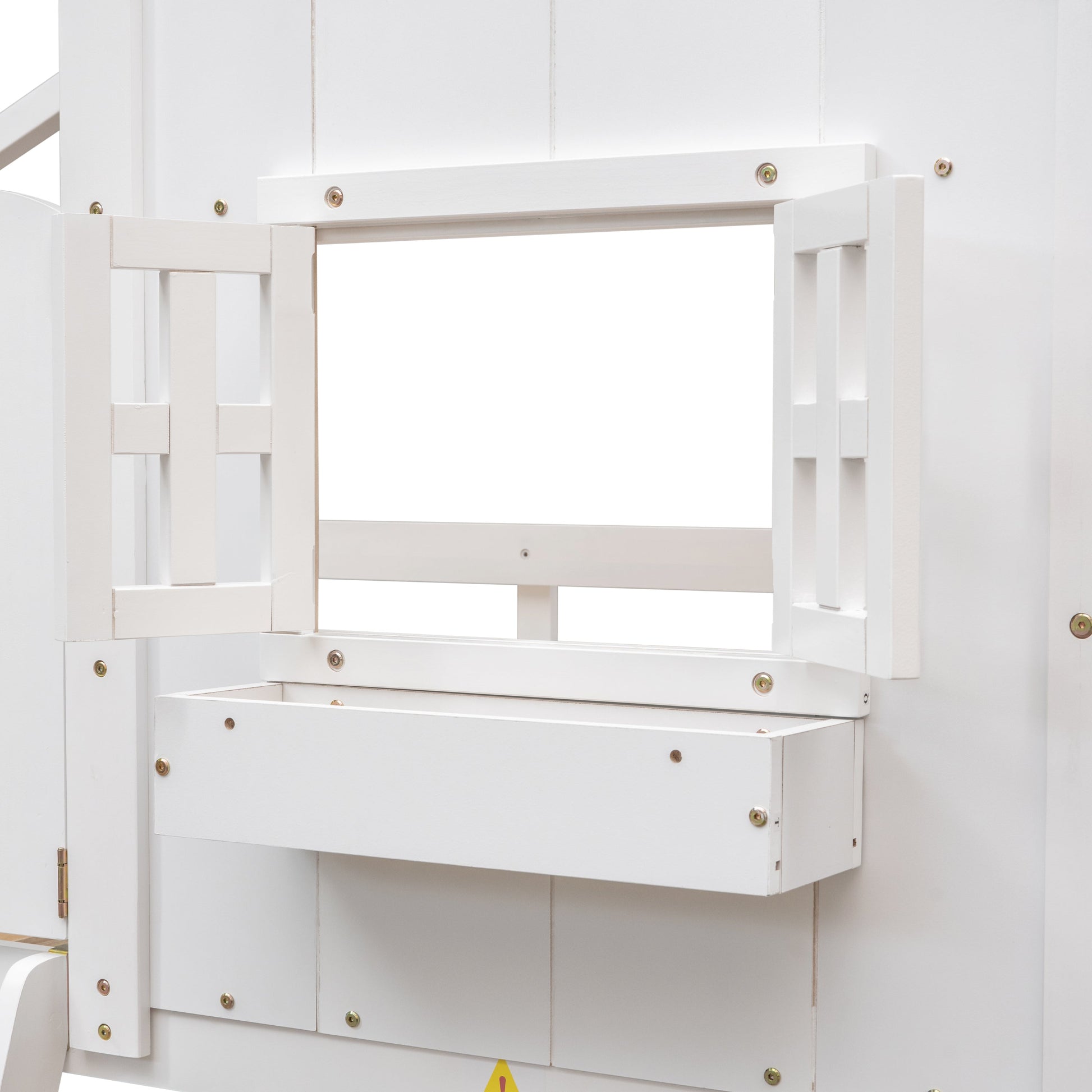 Twin over Twin House Bunk Bed with Roof , Window, Window Box, Door , with Safety Guardrails and Ladder,White - Korvel