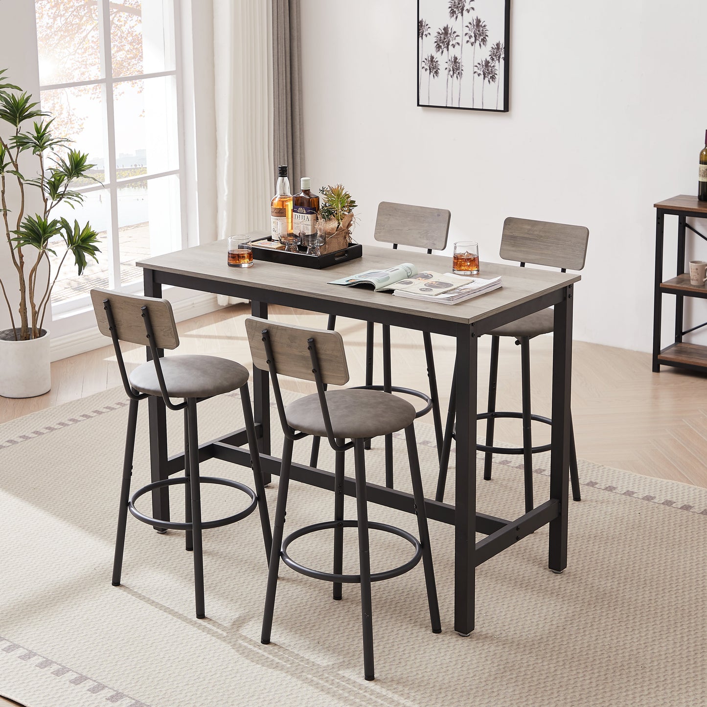 Bar Table Set with 4 Bar stools PU Soft seat with backrest Grey 47.24'' L x 23.62'' W x 35.43'' H - Korvel