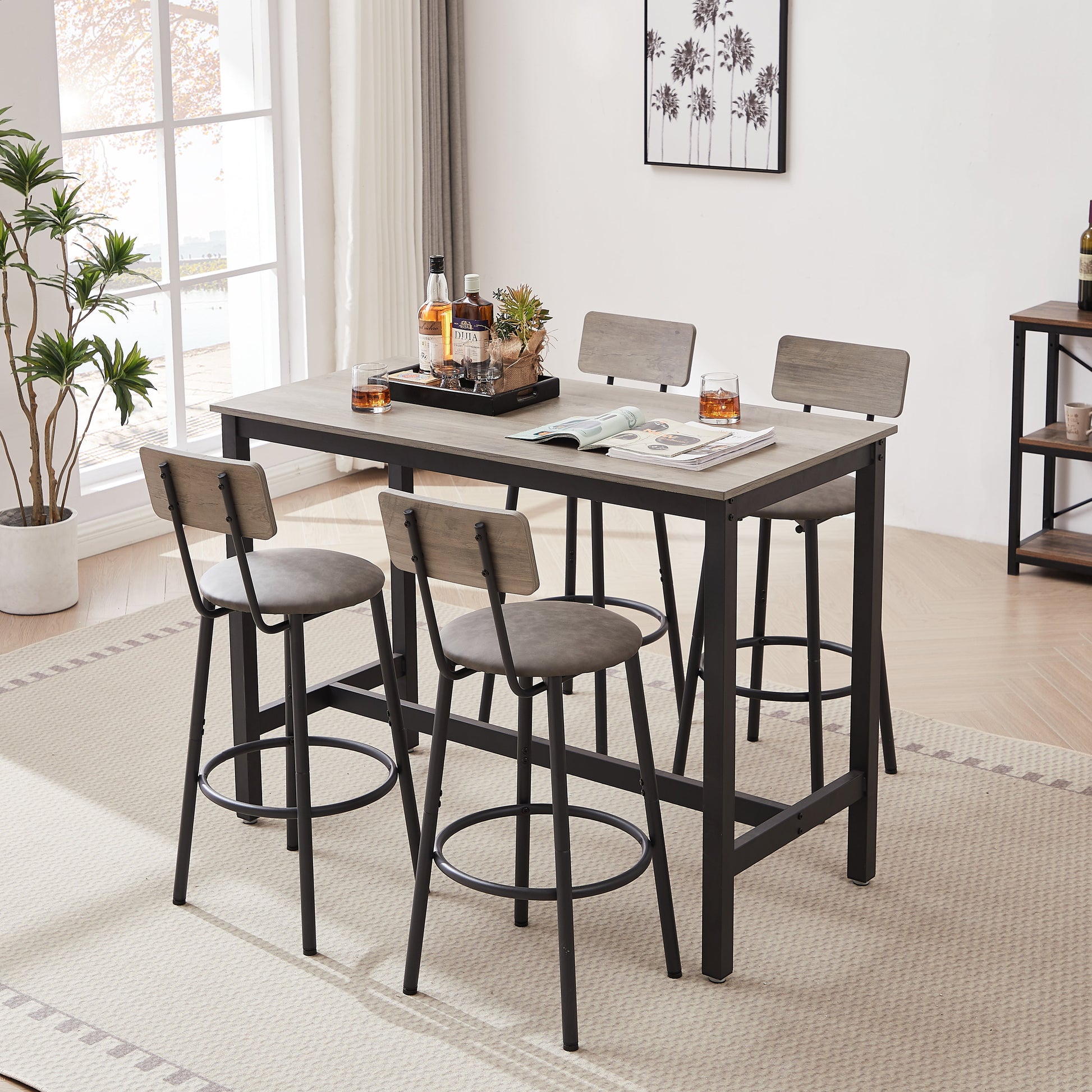 Bar Table Set with 4 Bar stools PU Soft seat with backrest Grey 47.24'' L x 23.62'' W x 35.43'' H - Korvel