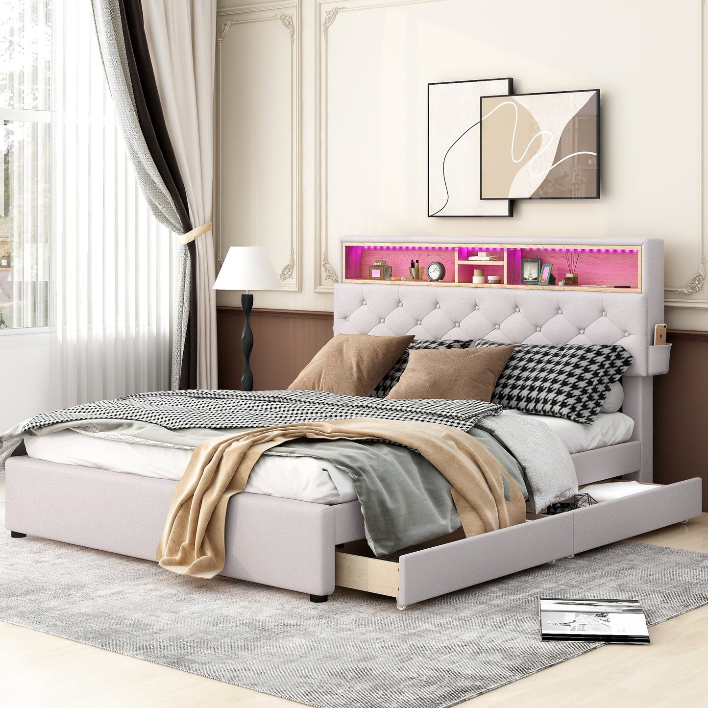Queen Size Upholstered Platform Bed with Storage Headboard  LED  USB Charging and 2 Drawers  Beige - Korvel