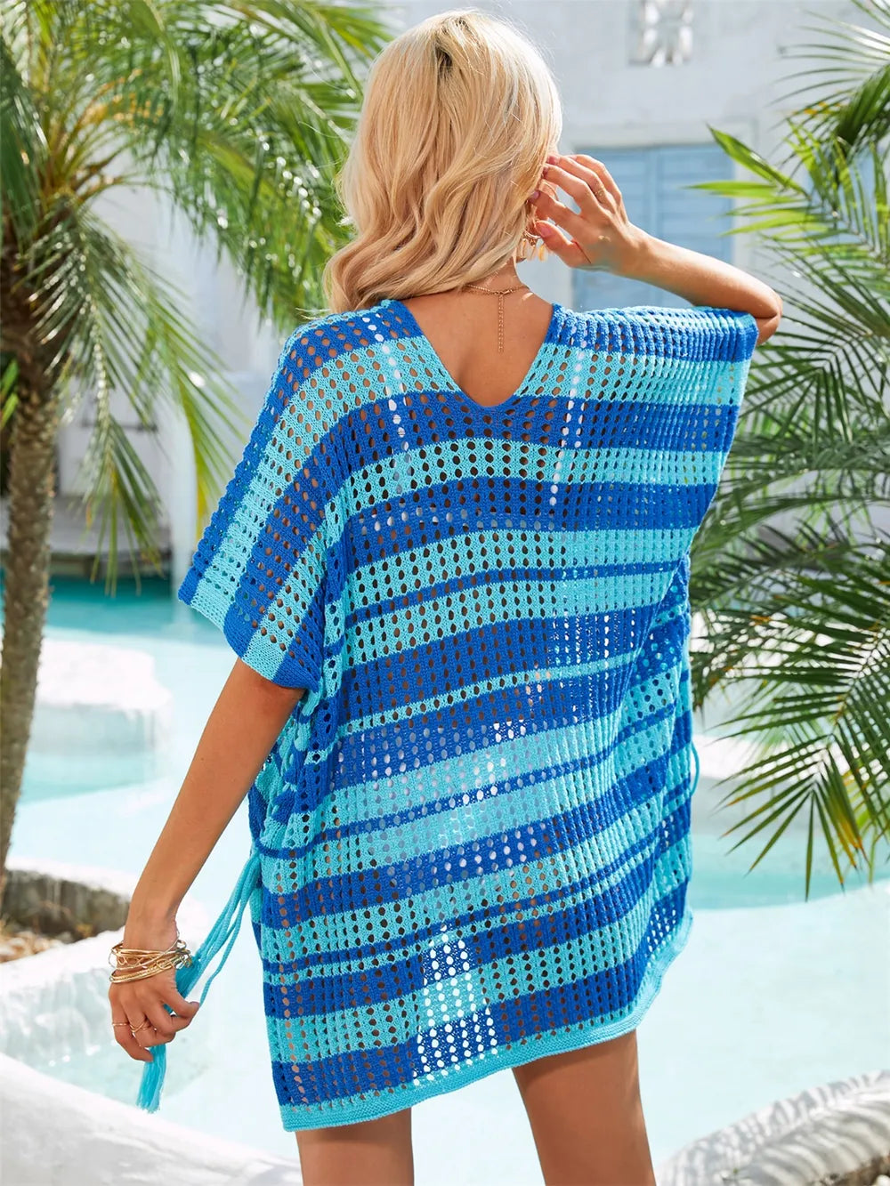 Tassel Openwork Striped V-Neck Cover Up - Korvel