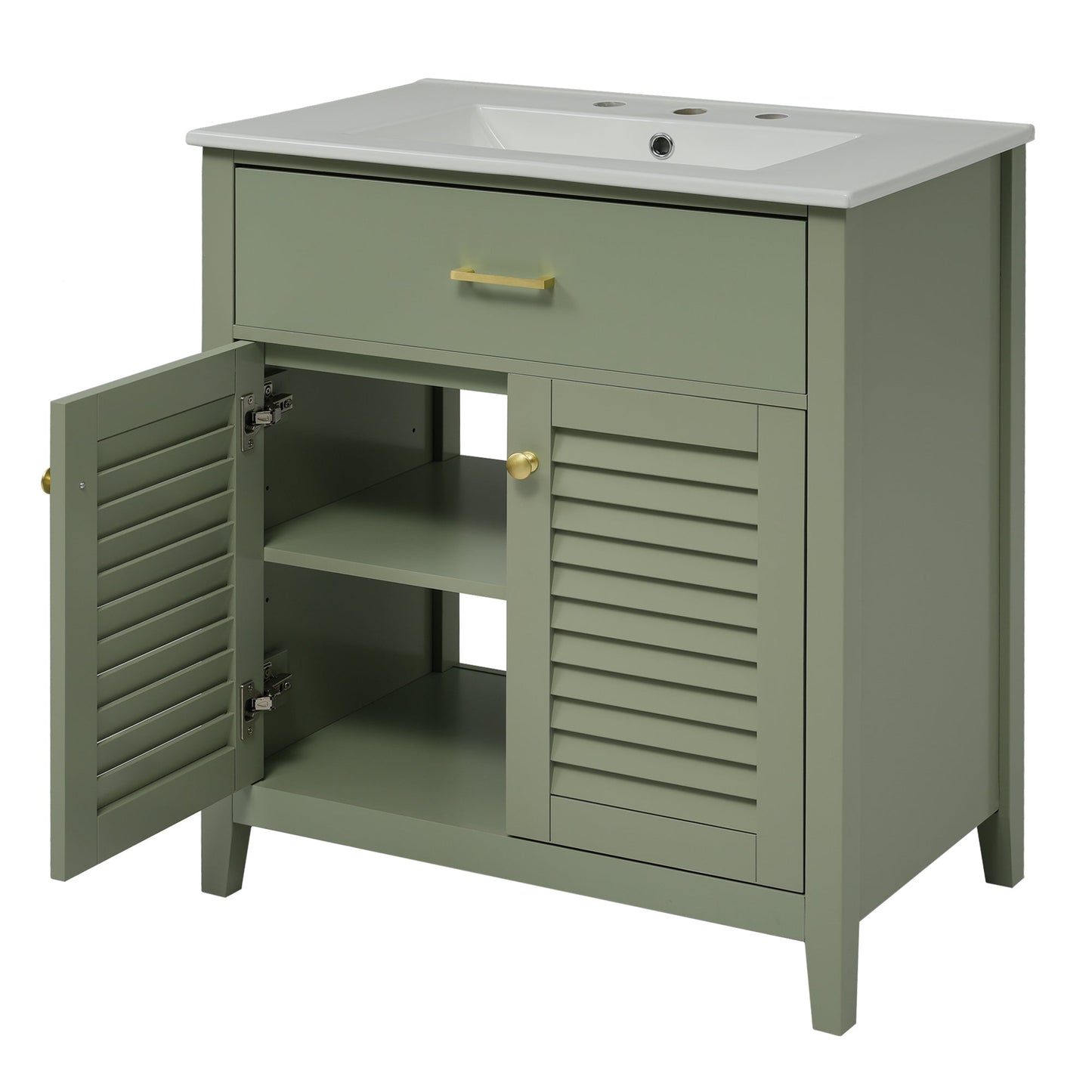 30-Inch Bathroom Vanity with Ceramic Sink Combination, Ample Storage - Features 1 Pullout and Multifunctional Shelf Dividers - Korvel
