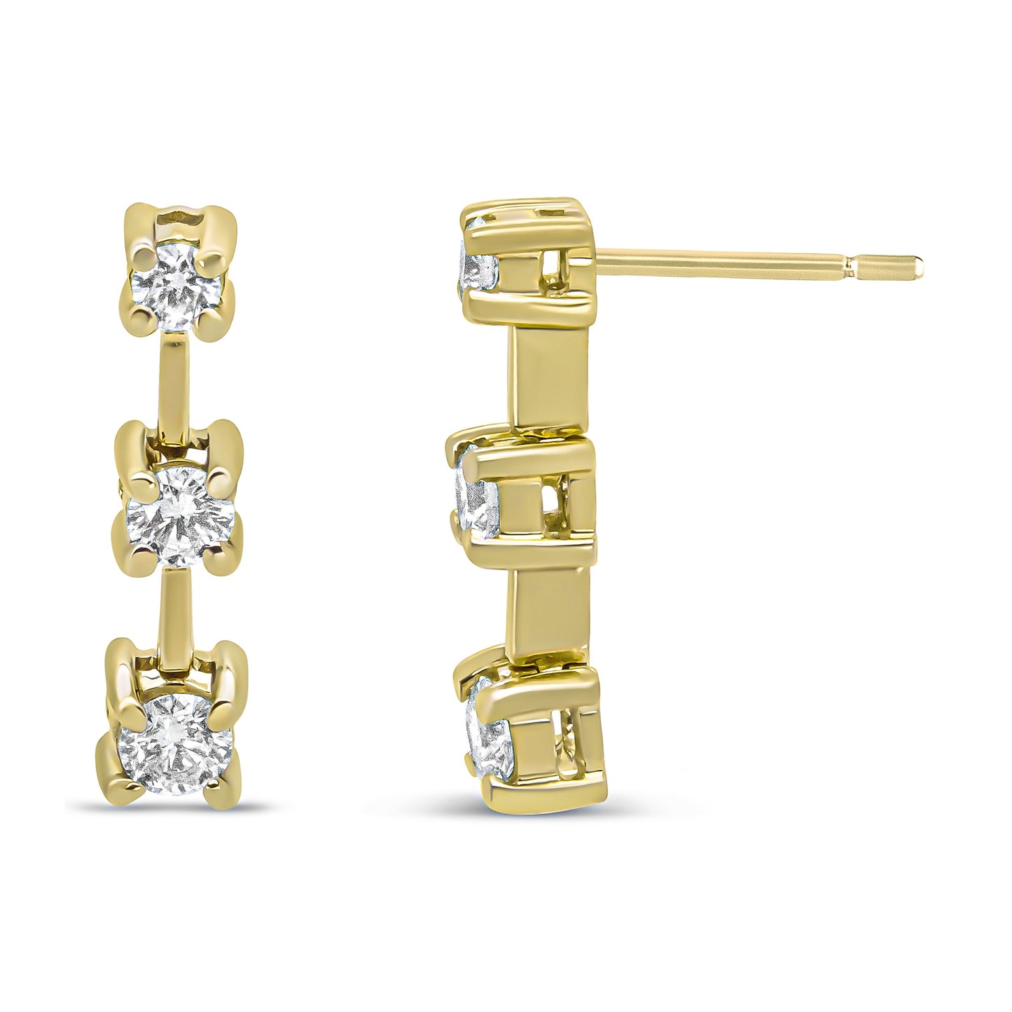 Boucles d'oreilles pendantes en or jaune 14K avec 1/2 cttw de diamants ronds à 3 pierres
