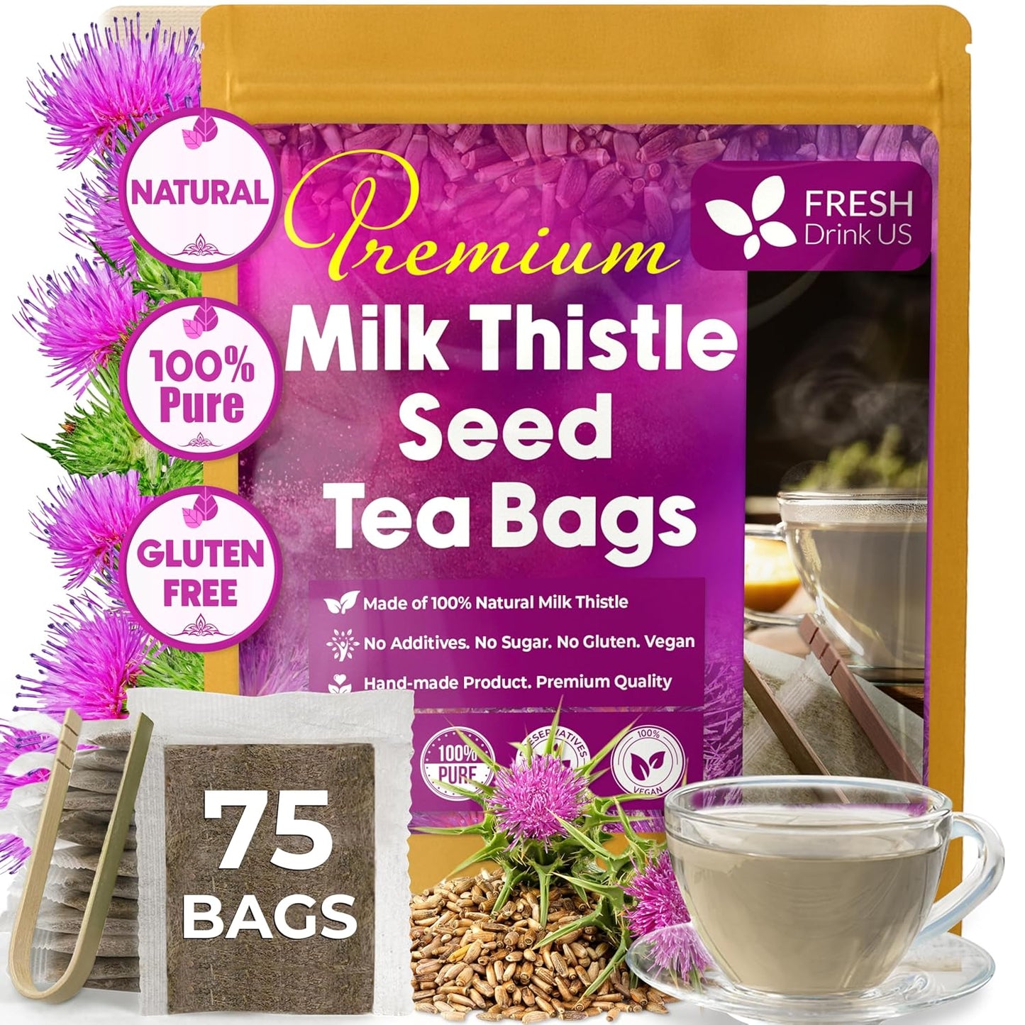 Bolsitas de té de cardo mariano premium, 100 % naturales y puras de semillas de cardo mariano. Té de semillas de cardo mariano. Elaborado con bolsitas de té naturales. Sin azúcar, sin cafeína, sin gluten, vegano.