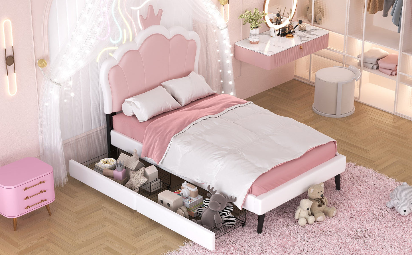 Twin Size Upholstered Princess Bed with Crown Headboard
