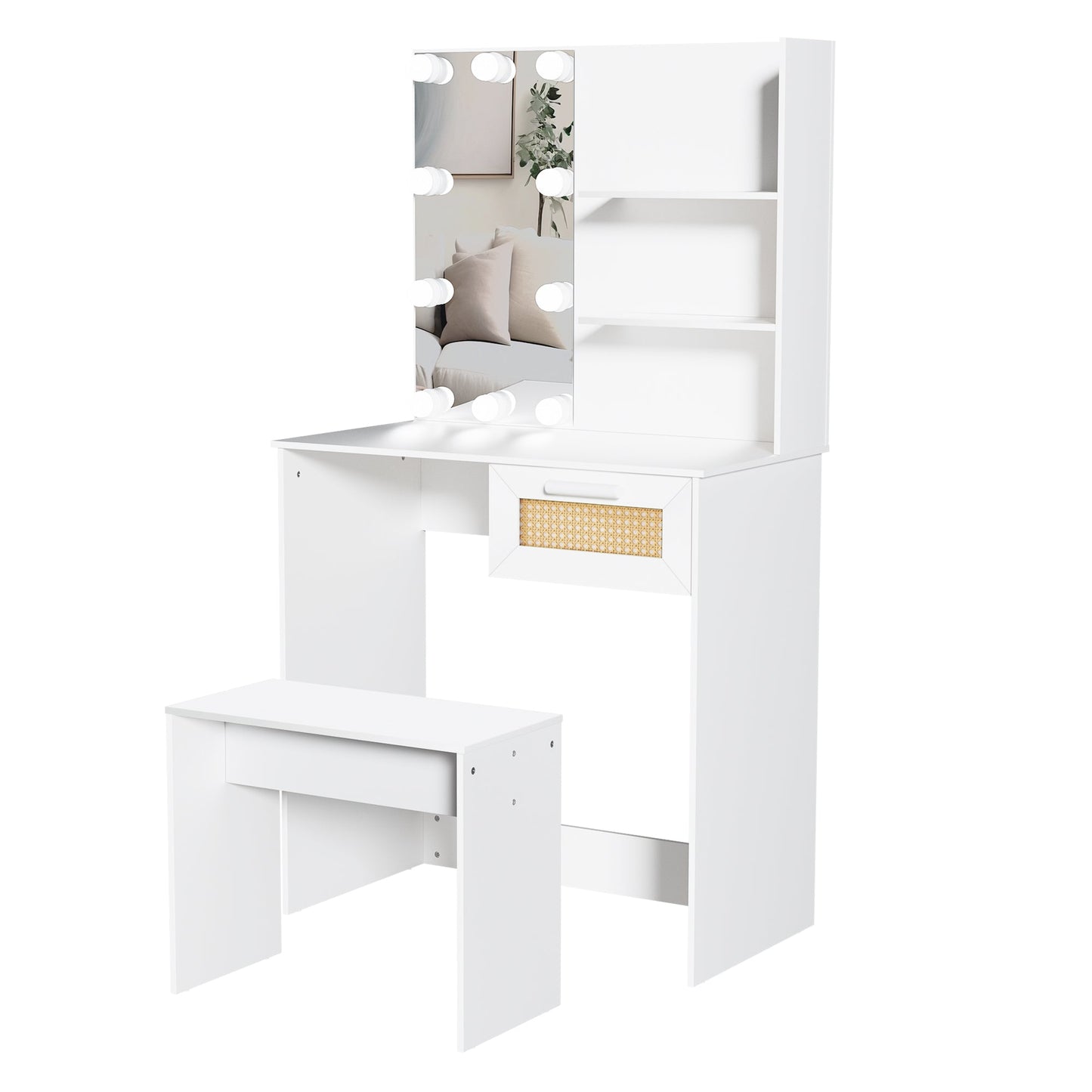 Vanity Desk Set Stool & Dressing Table with LED Lighting Mirror Drawer and Wood Cosmetic Table Chest of Drawers White Color - Korvel