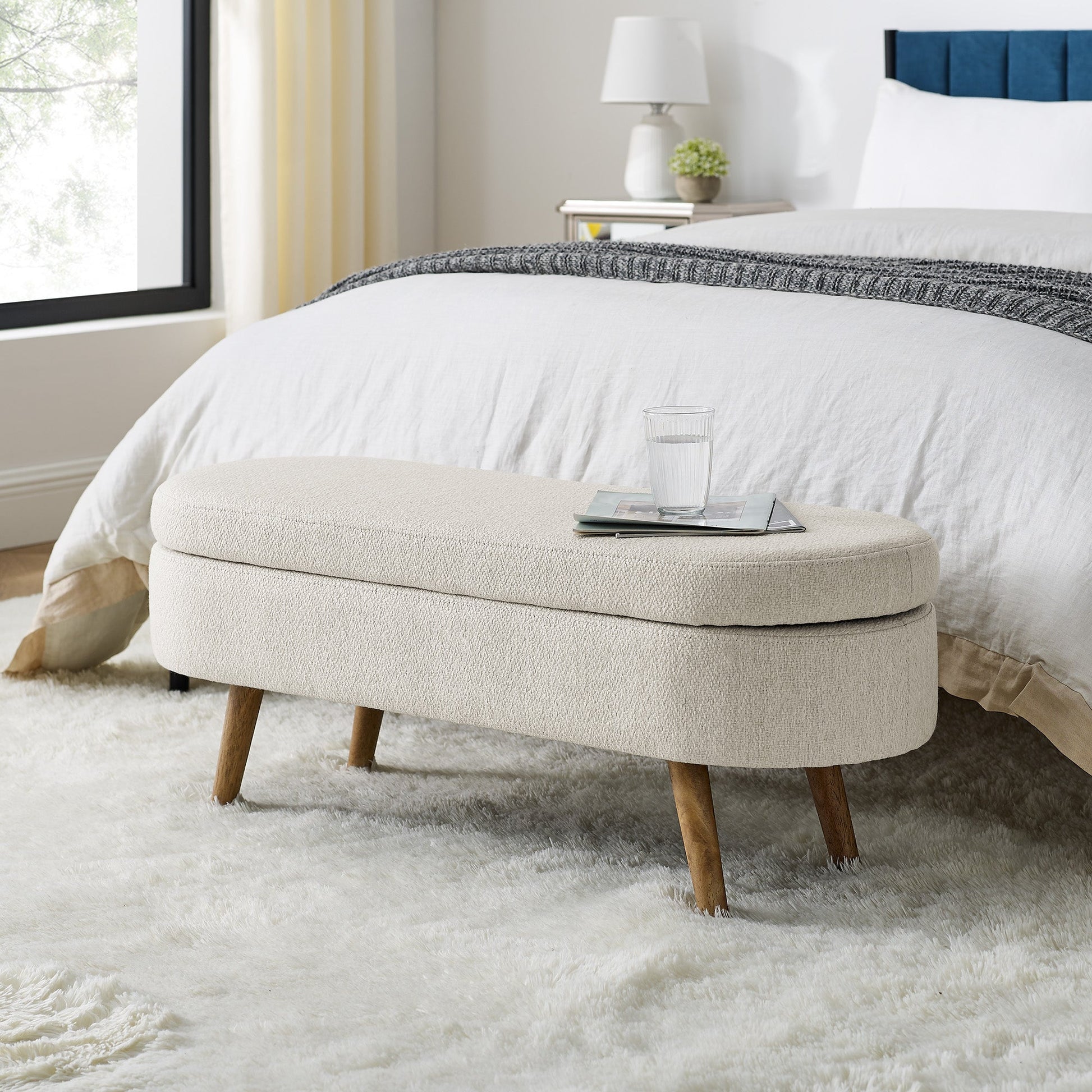 Ottoman Oval Storage Bench Rubber Wood Legs Beige(43.5"x16"x16") - Korvel