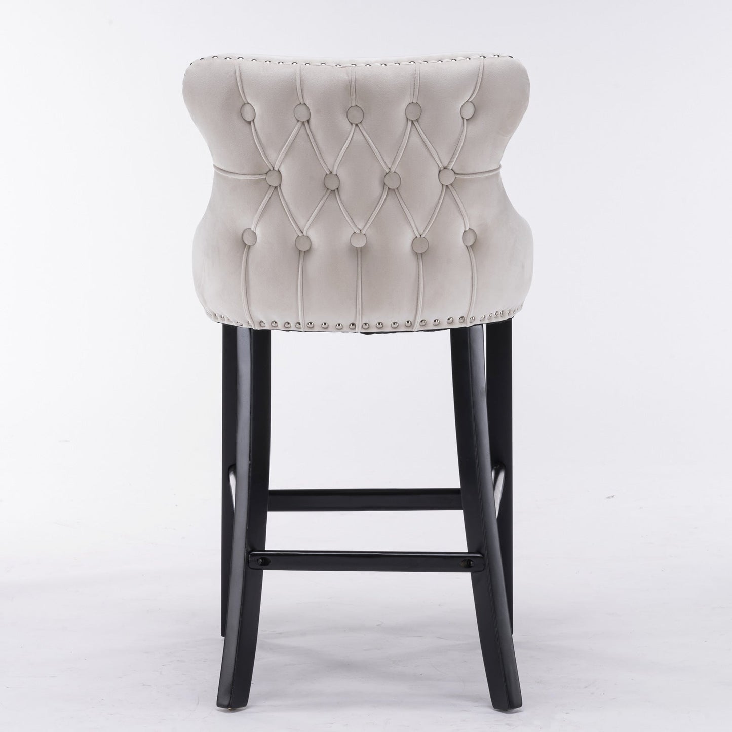 Velvet padded wing back bar stool with button tuft decoration and wooden leg chrome nail head decoration 2-piece set (beige) - Korvel