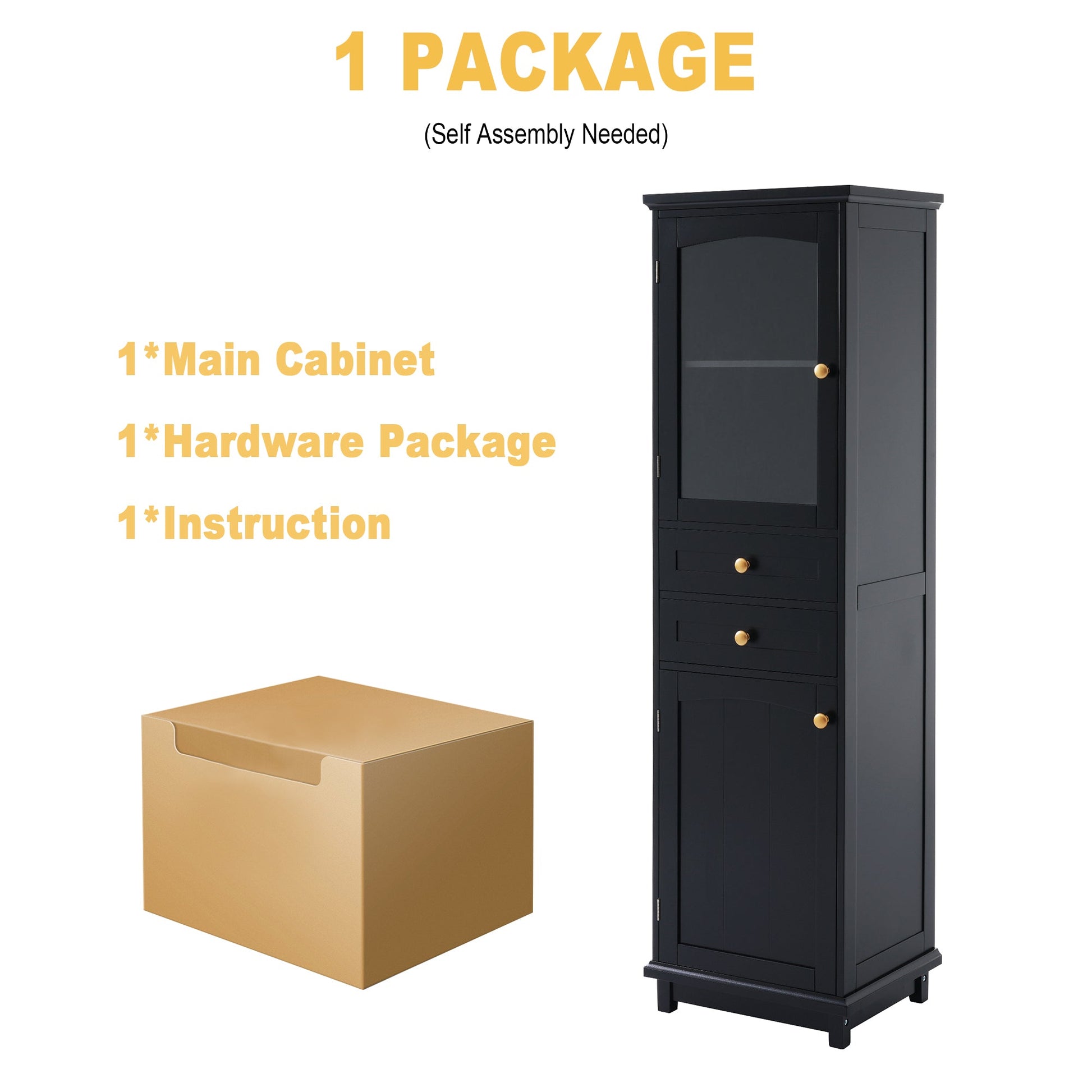 Tall Bathroom Storage Cabinet with Glass Doors, Free-Standing, Two Drawers, and Adjustable Shelves, MDF Board, Painted Black - Korvel