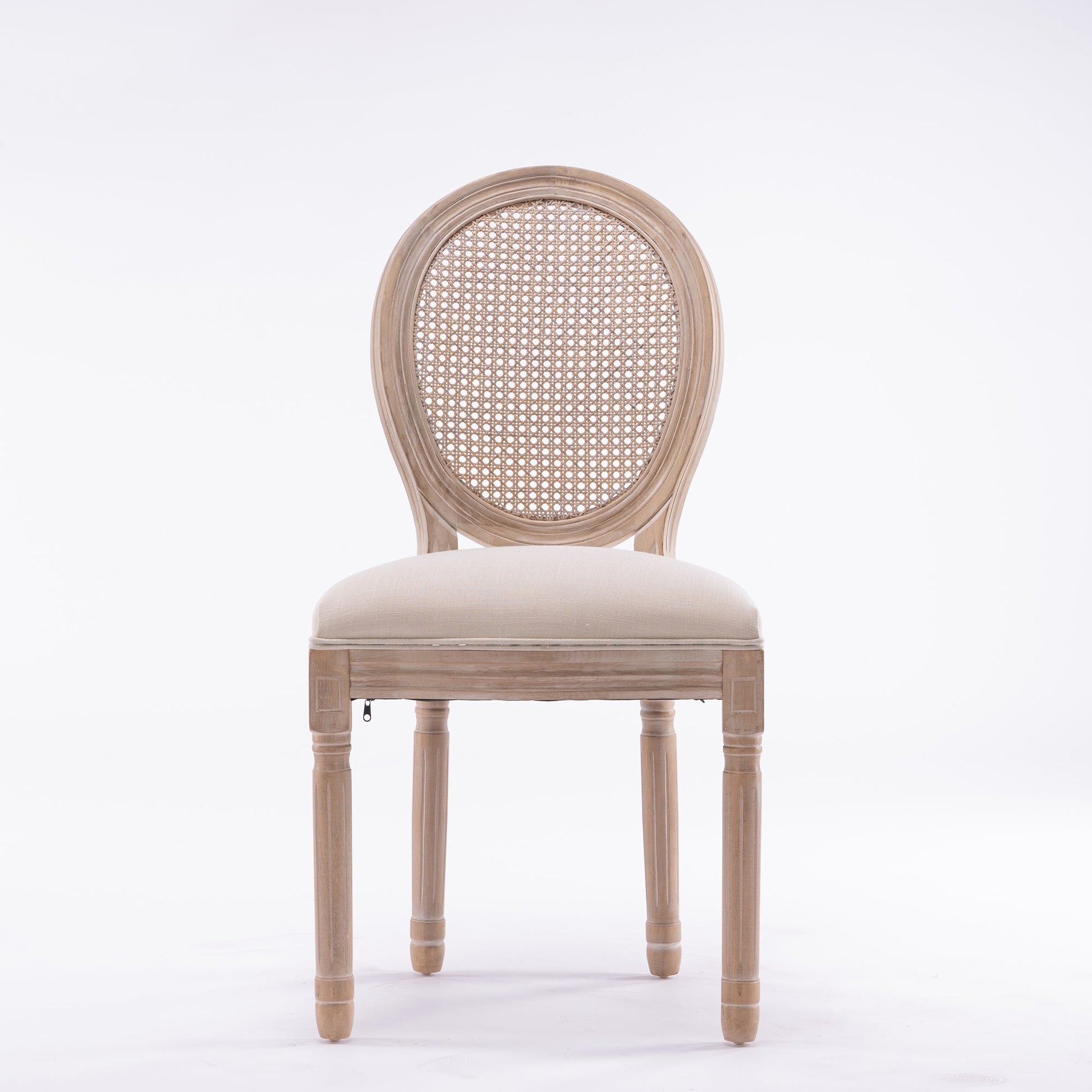 French Style Solid Wood Frame Antique Painting Linen Fabric Rattan Back Dining Chair Set of 2 Cream - Korvel
