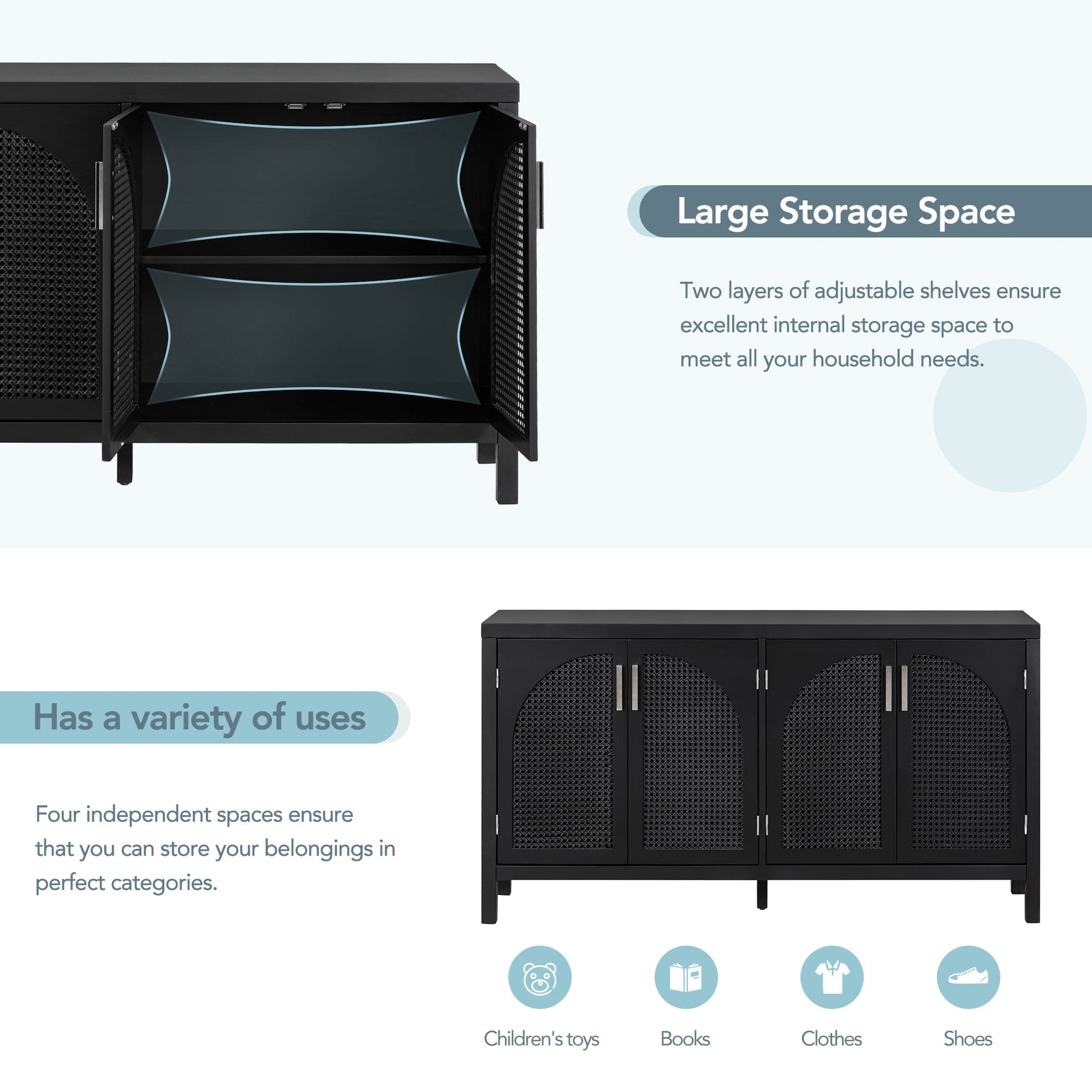 TREXM Large Storage Space Sideboard with Artificial Rattan Door and Metal Handles for Living Room and Entryway (Black) - Korvel