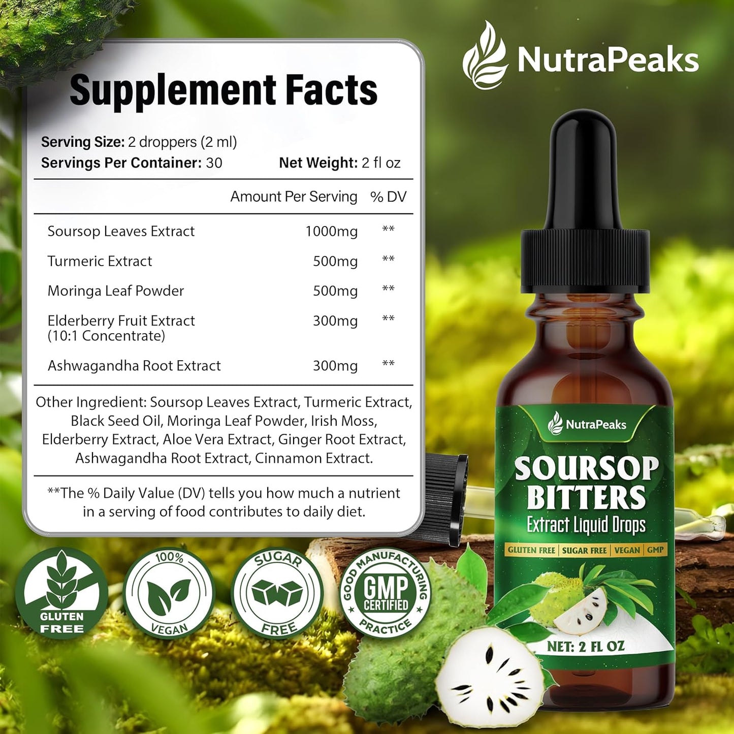 Soursop Bitters Liquid Drops – Premium Herbal Blend with Soursop Leaves, Black Seed, Moringa, Ashwagandha, Senna, Goat Weed & Ginger, 2 fl oz - Korvel