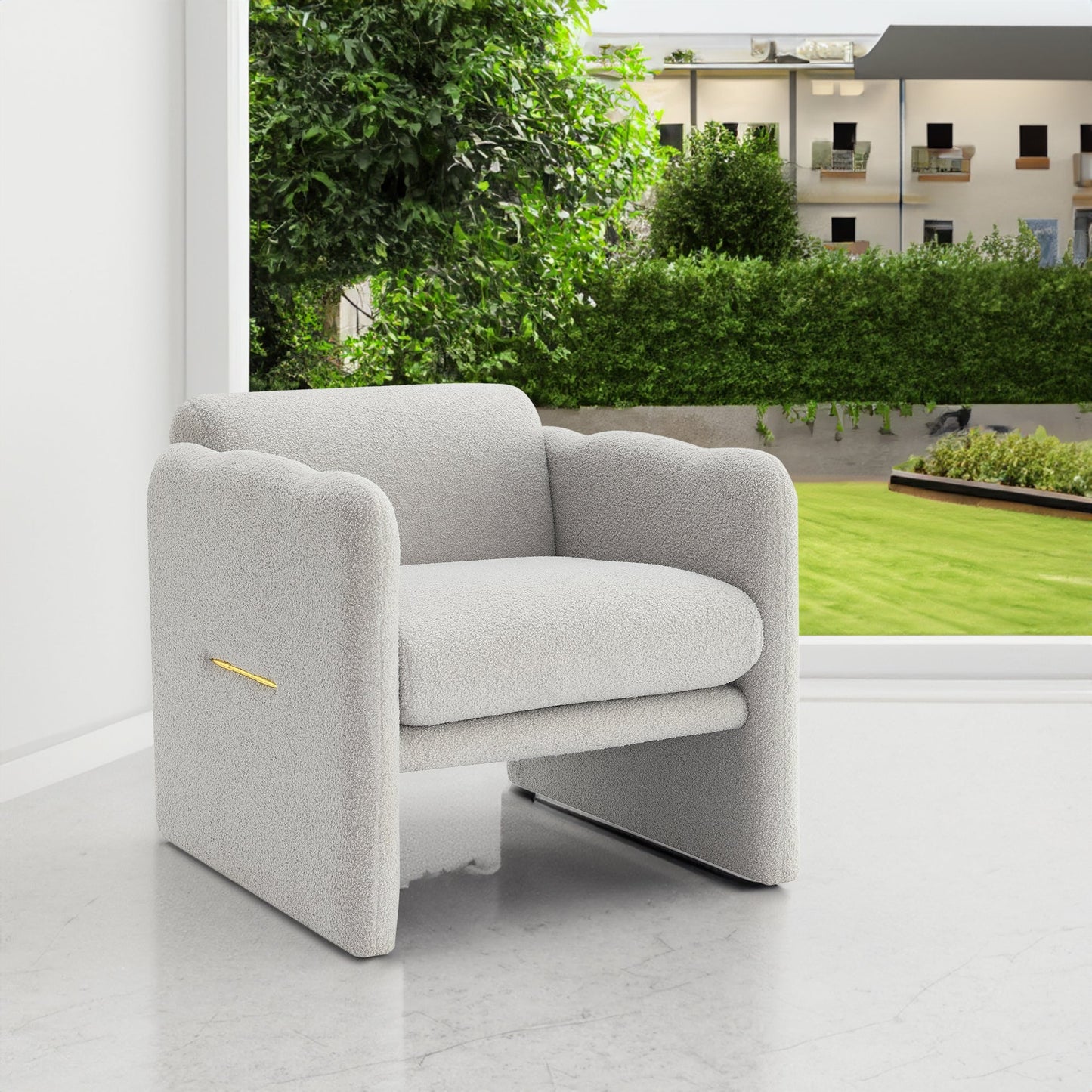 Armchair with wavy armrests, metal decorations on both sides of the armrests, made of Teddy cloth, light gray - Korvel