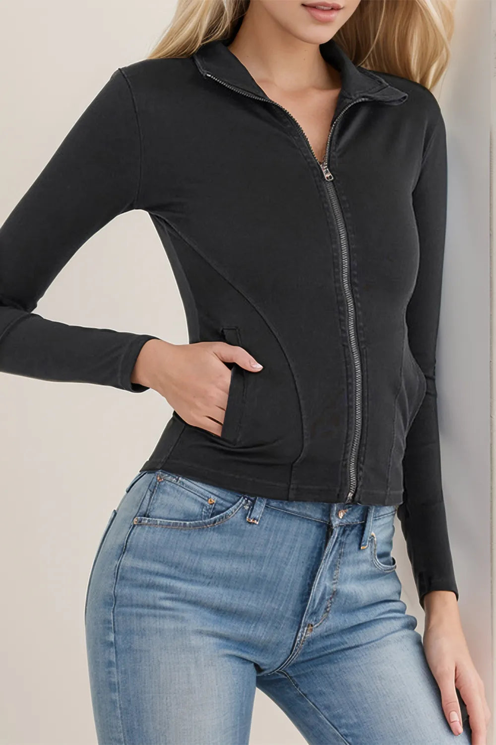 Pocketed Turtleneck Zip Up Denim Top - Korvel